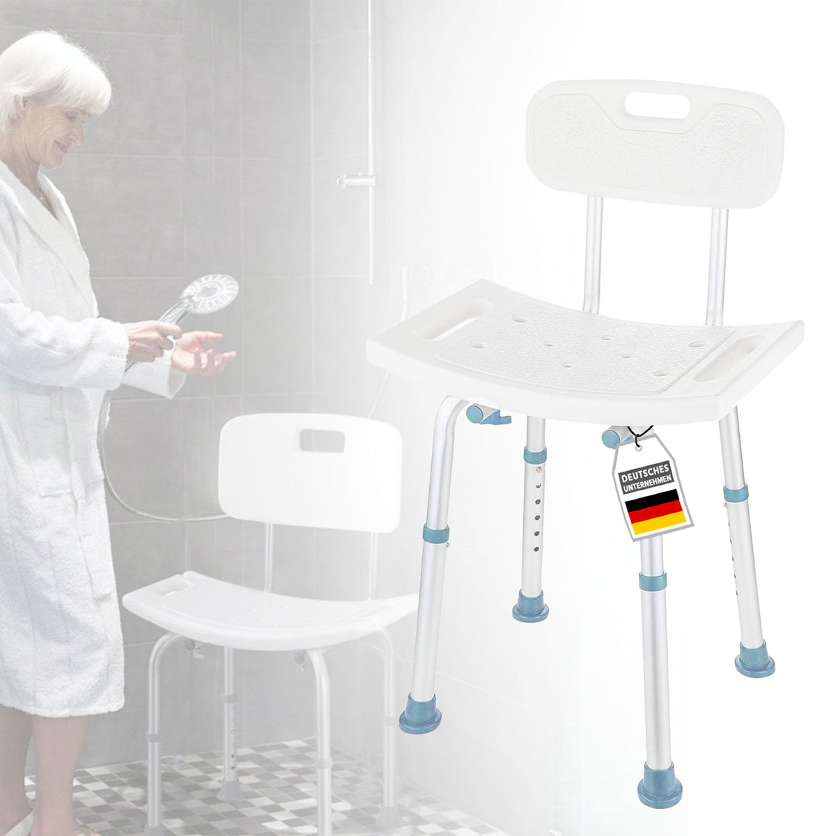 Shower stool | Jonah | Height-adjustable with backrest | Ergonomic bath chair for bath & shower, non-slip & stable, load-bearing up to 137 kg