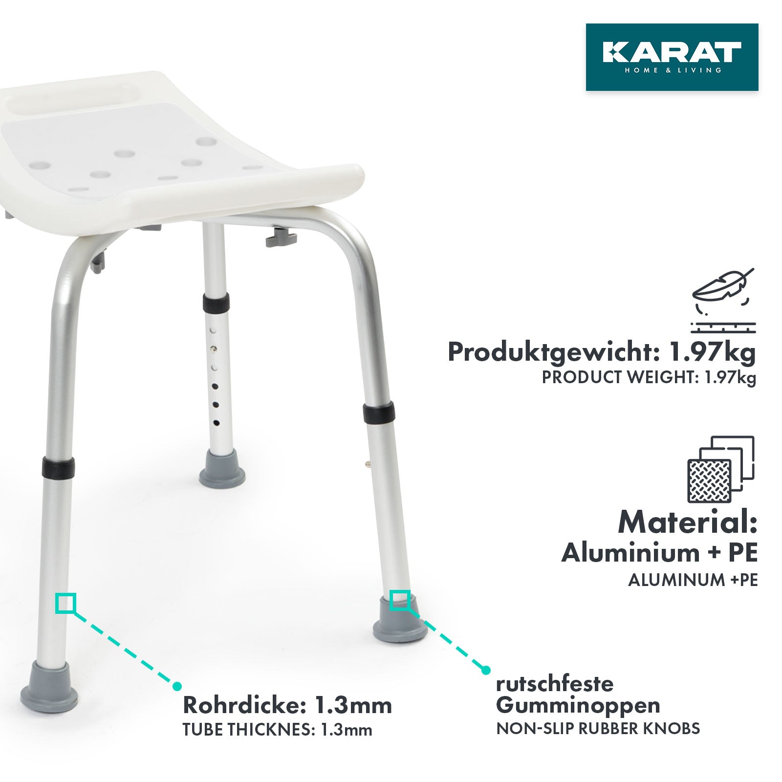 Shower and bath stool Noah Plus | Height-adjustable | Non-slip rubber feet | Load capacity up to 136 kg