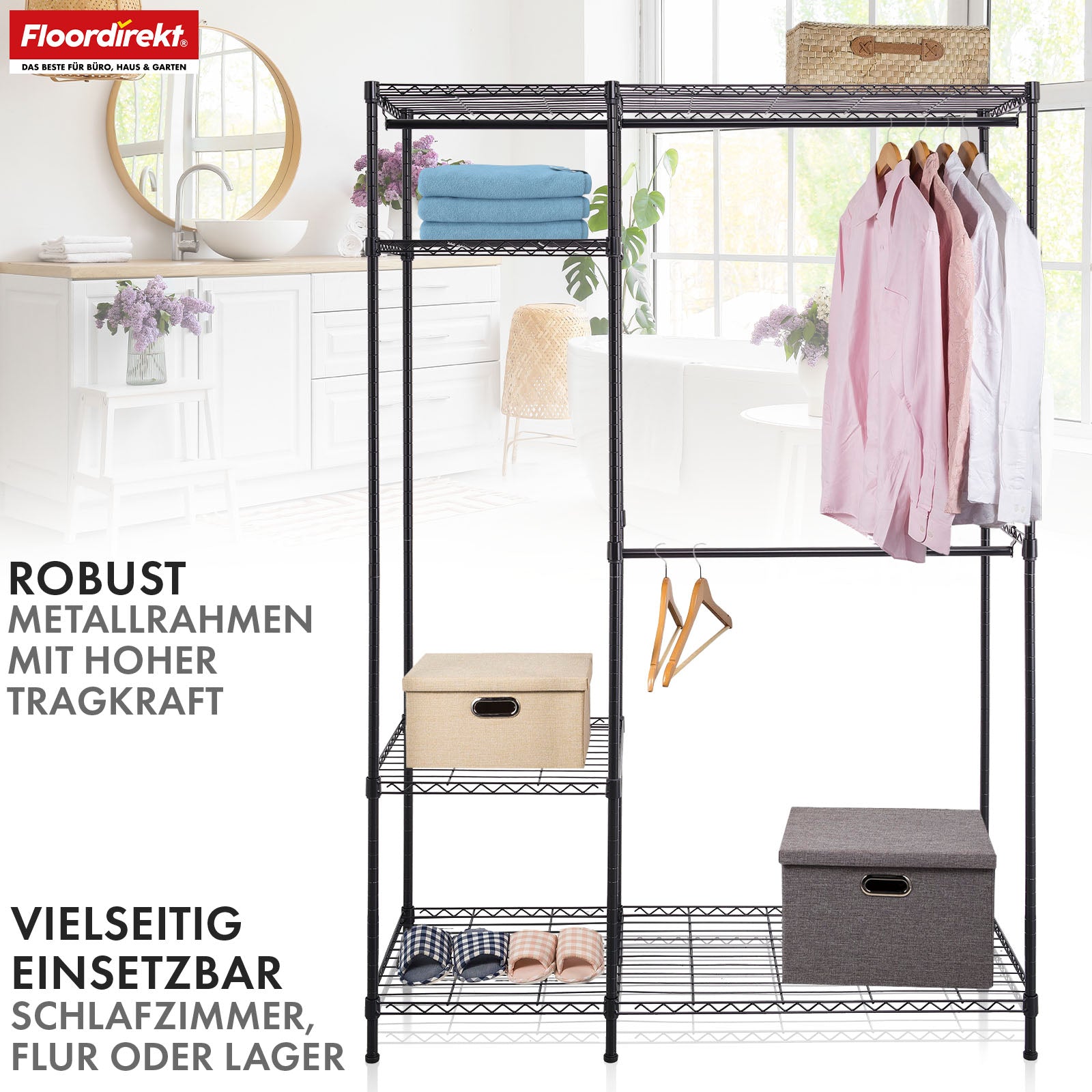 Wardrobe | Edward | Open clothes rack made of powder-coated steel with clothes rails and adjustable shelves