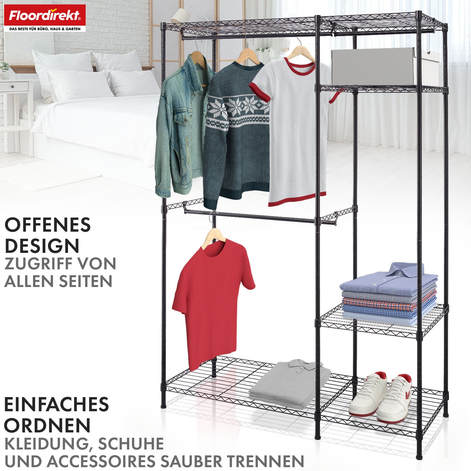 Wardrobe | Edward | Open clothes rack made of powder-coated steel with clothes rails and adjustable shelves