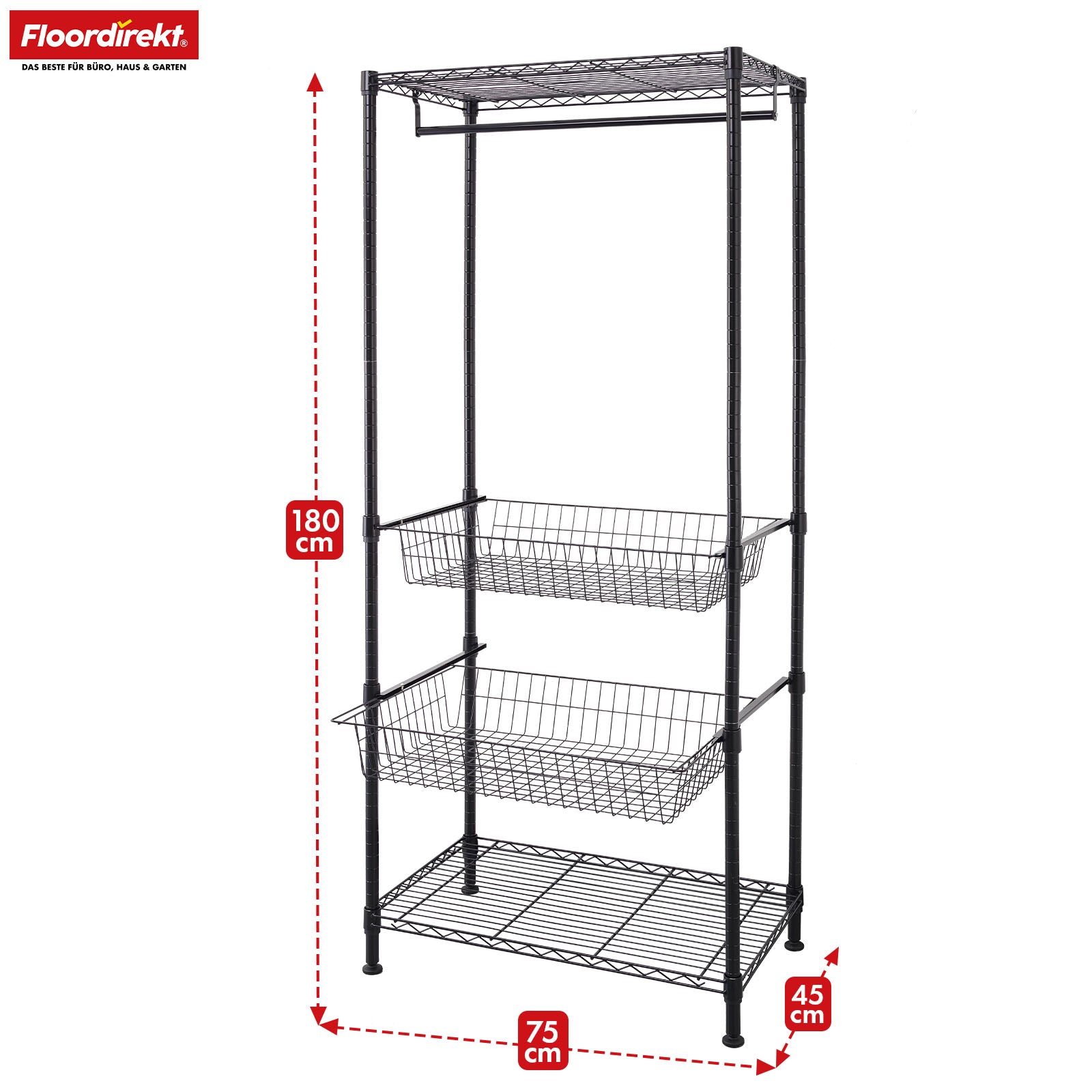 Wardrobe | Harold | Open coat rack with clothes rail & shelves | Sturdy wardrobe for bedrooms, hallways & storage rooms
