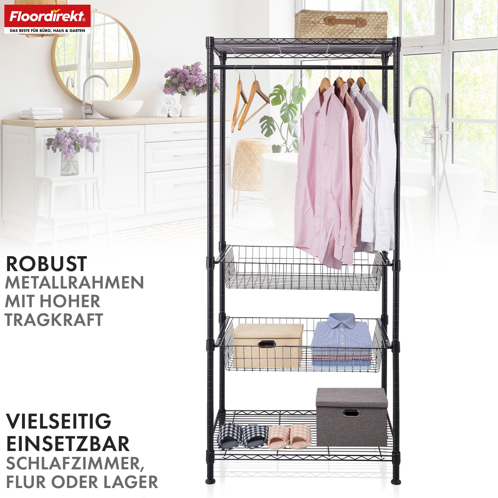 Wardrobe | Harold | Open coat rack with clothes rail & shelves | Sturdy wardrobe for bedrooms, hallways & storage rooms
