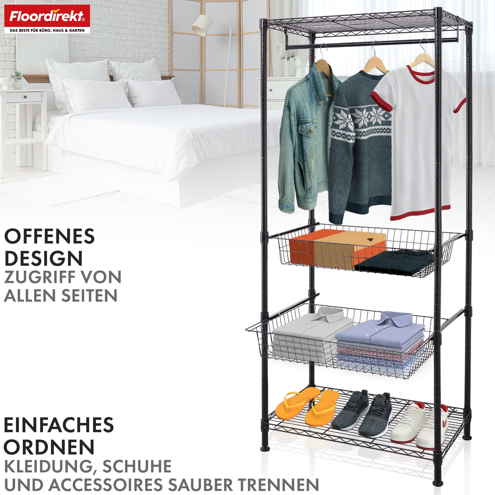 Wardrobe | Harold | Open coat rack with clothes rail & shelves | Sturdy wardrobe for bedrooms, hallways & storage rooms