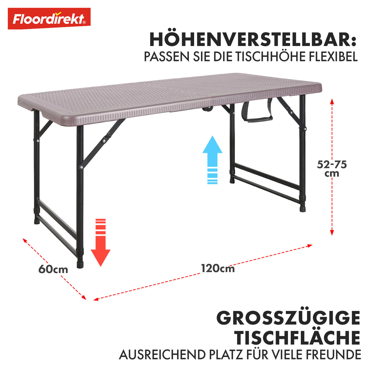 Folding table | Saga | Height-adjustable and weatherproof, ideal for garden and camping | 120 x 60 cm