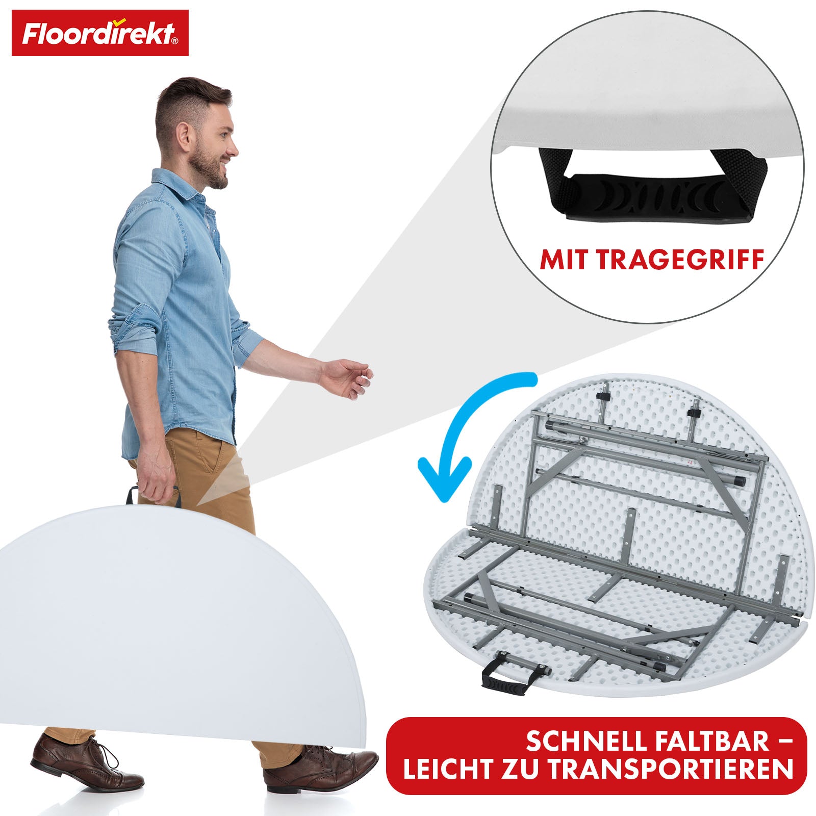 Folding table | Shiga | Round white garden table | Foldable with carrying handle | 120 cm diameter