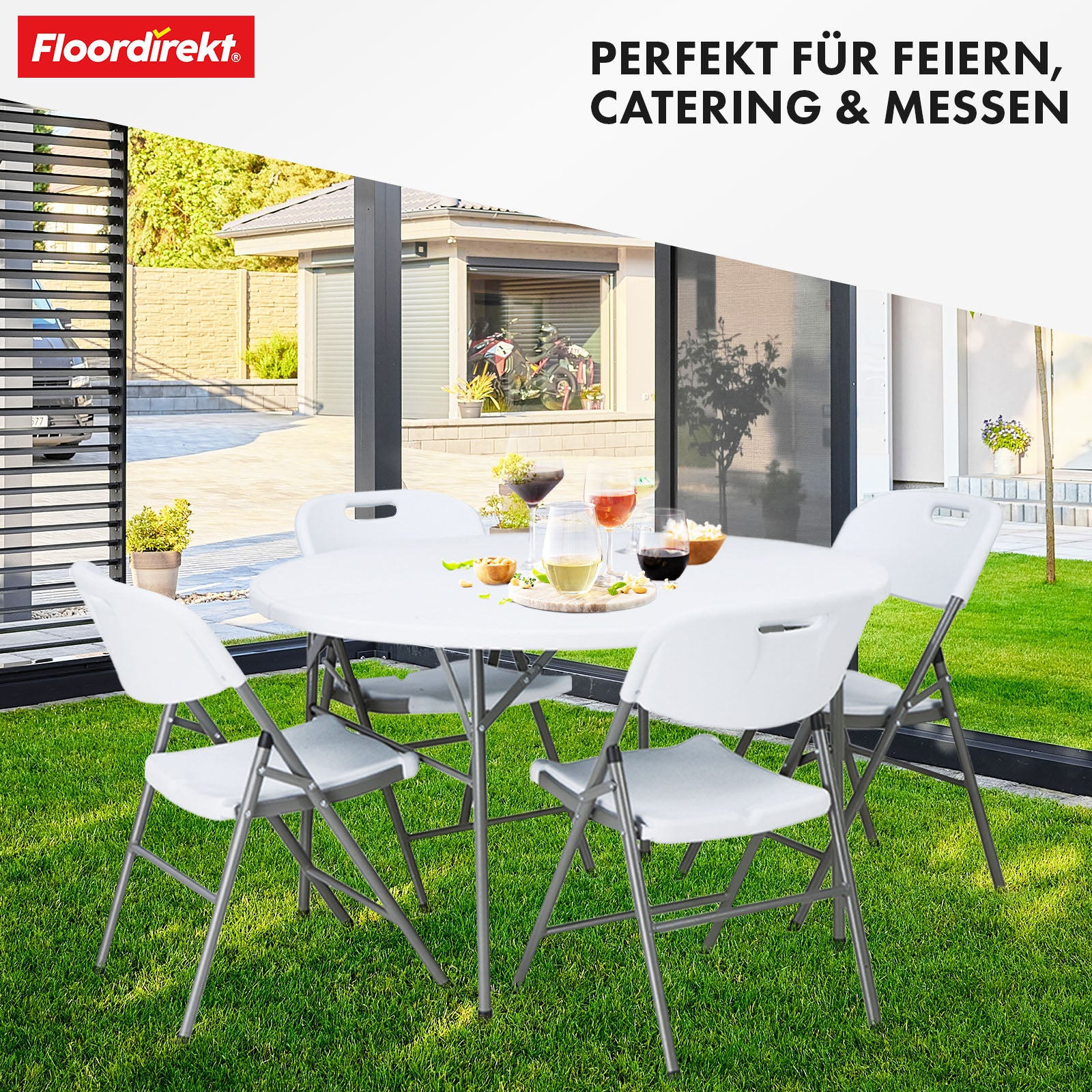 Folding table | Shiga | Round white garden table | Foldable with carrying handle | 120 cm diameter