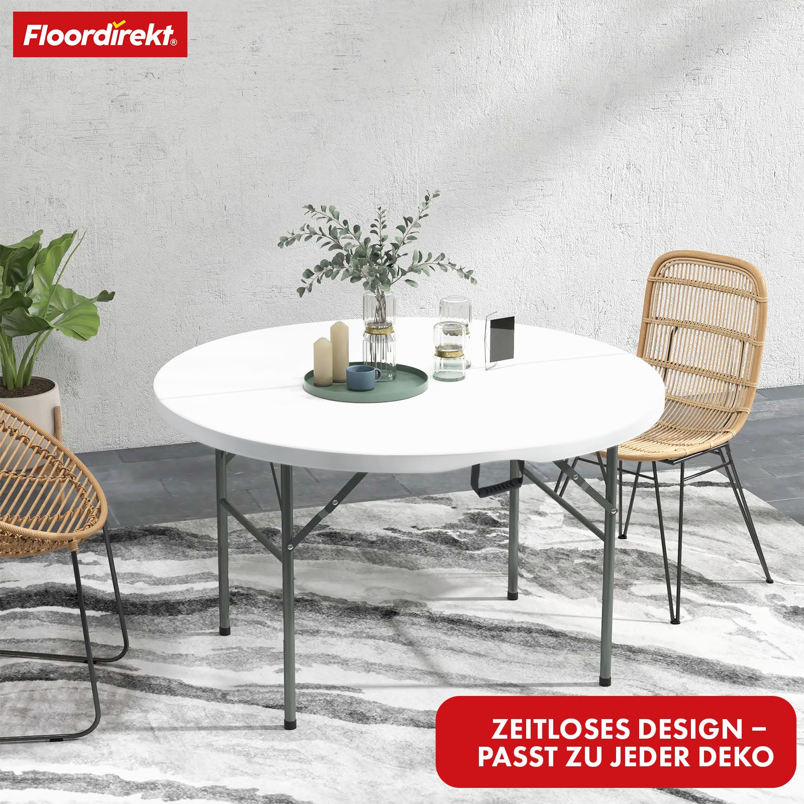 Folding table | Shiga | Round white garden table | Foldable with carrying handle | 120 cm diameter