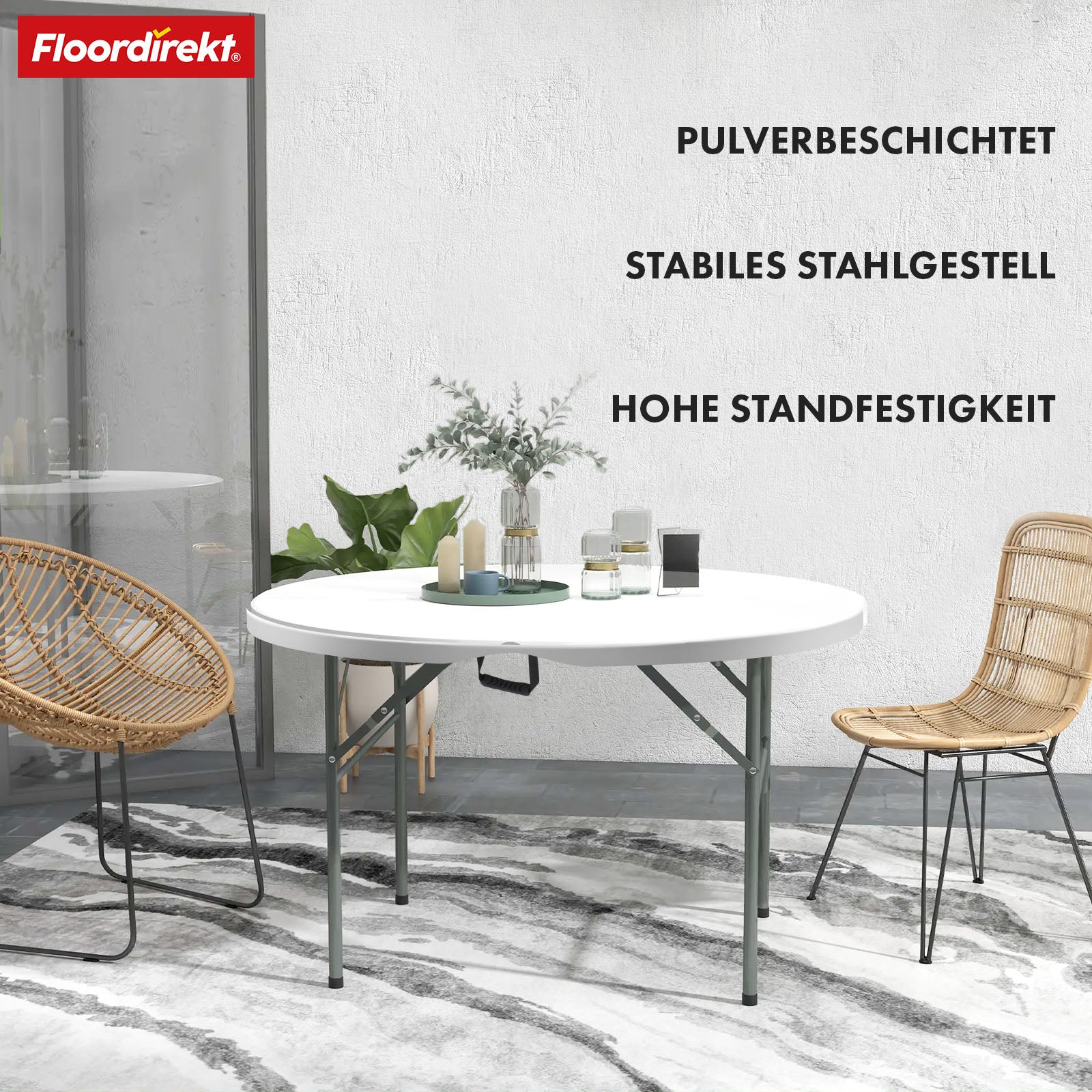 Folding table | Shiga | Round white garden table | Foldable with carrying handle | 120 cm diameter