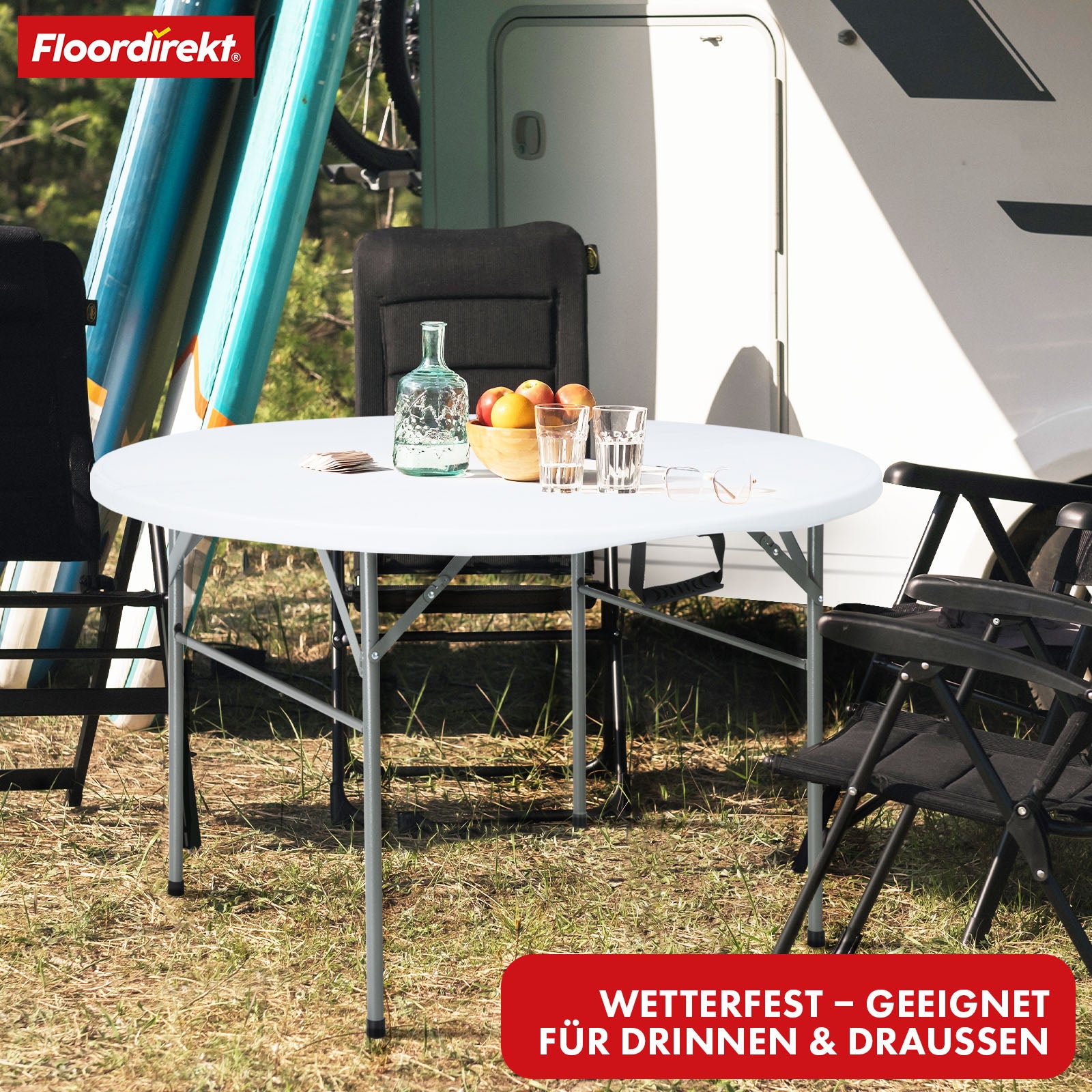 Folding table | Shiga | Round white garden table | Foldable with carrying handle | 120 cm diameter