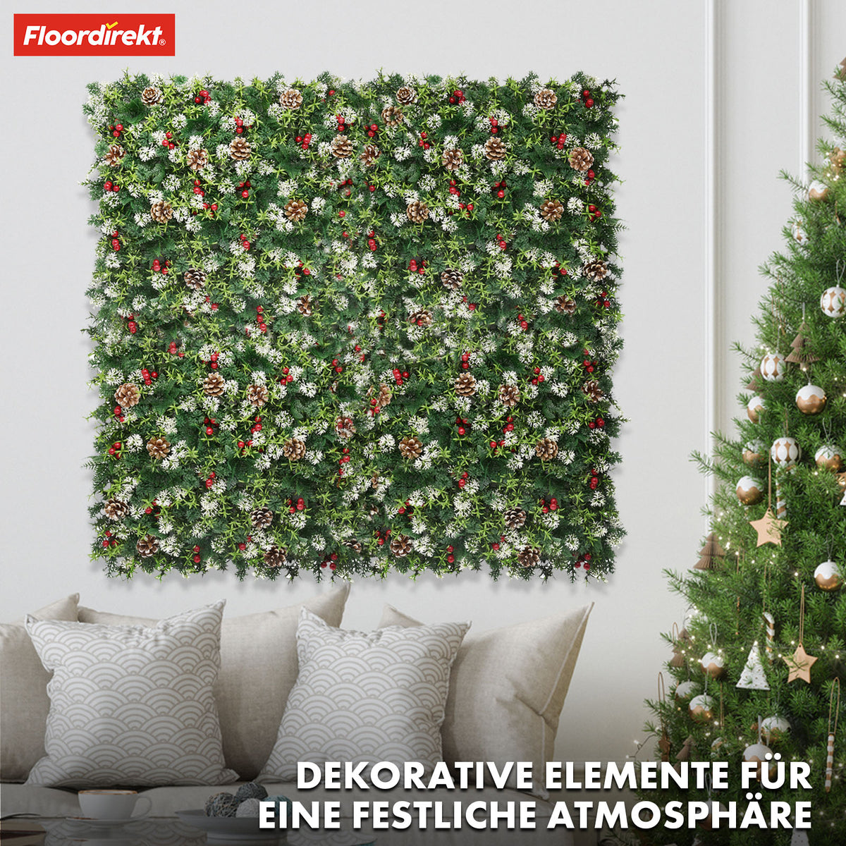 Plant wall | Festive | Christmas decoration with red berries, pine cones & green accents | 50 x 50 cm