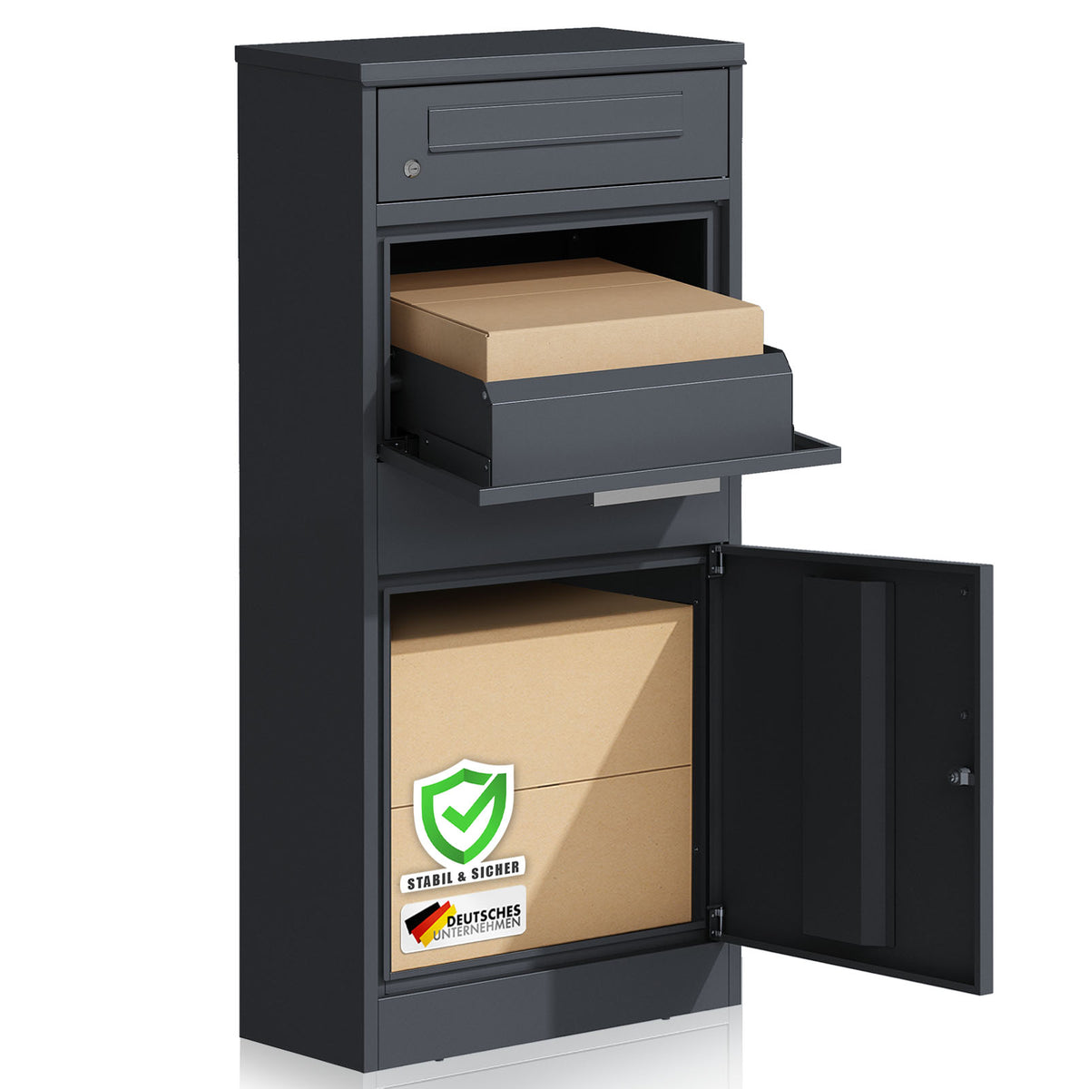 Parcel box with letterbox | Francois | Waterproof steel parcel letterbox, lockable & free-standing in anthracite
