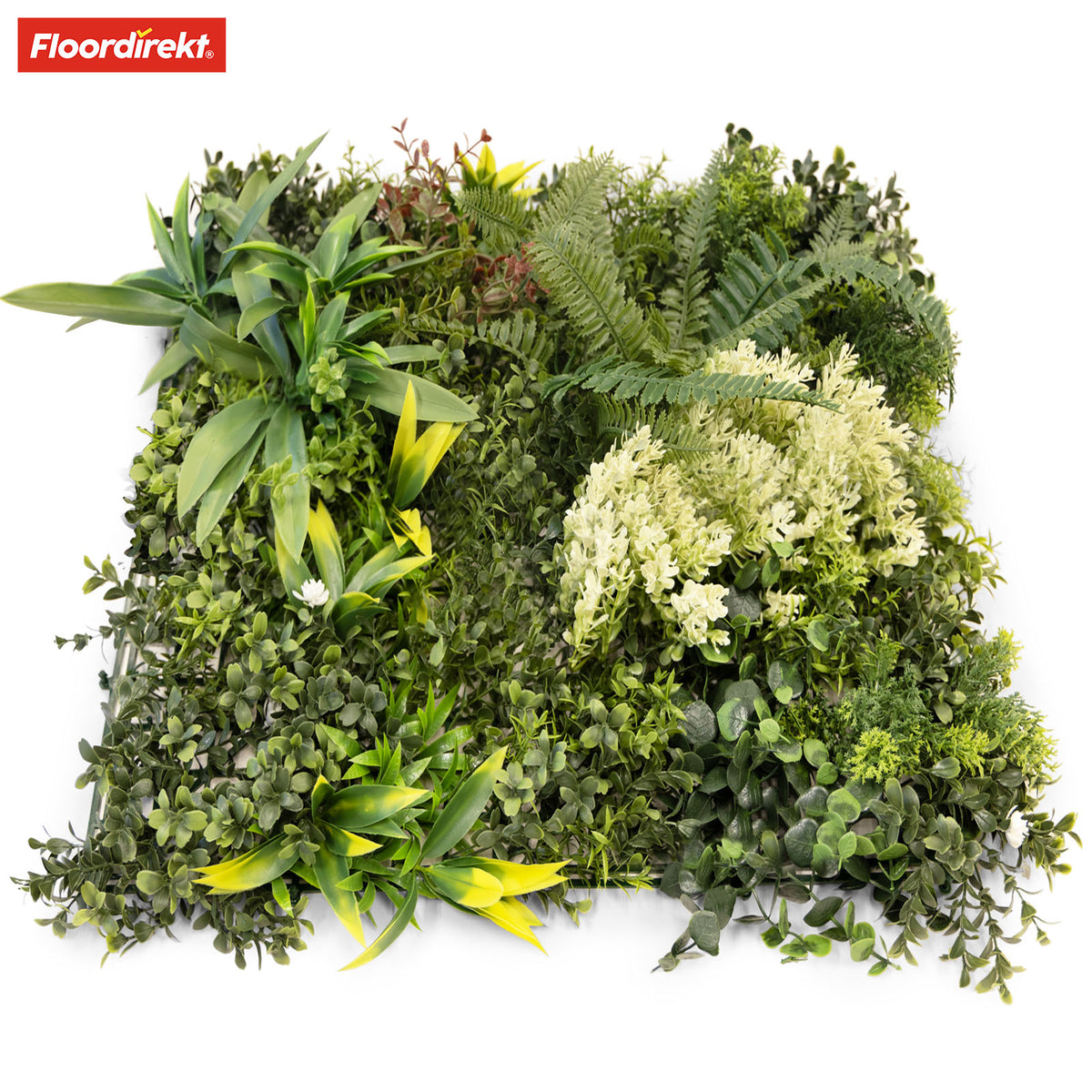 Plant wall | Rhea | Stylish wall design with green plants and white flowers | 50 x 50 cm