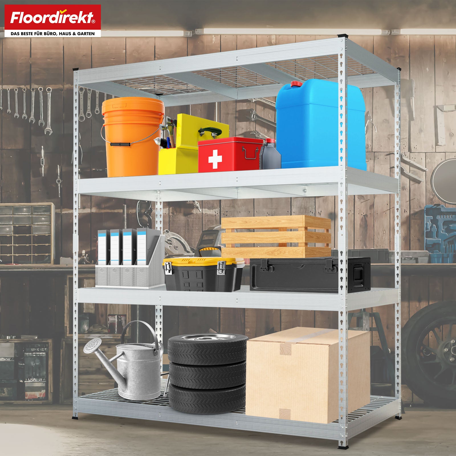 Heavy-duty shelving | Yukon Rivet | Steel shelving with mesh shelves | 250-350 kg load capacity per shelf | Various sizes & colours