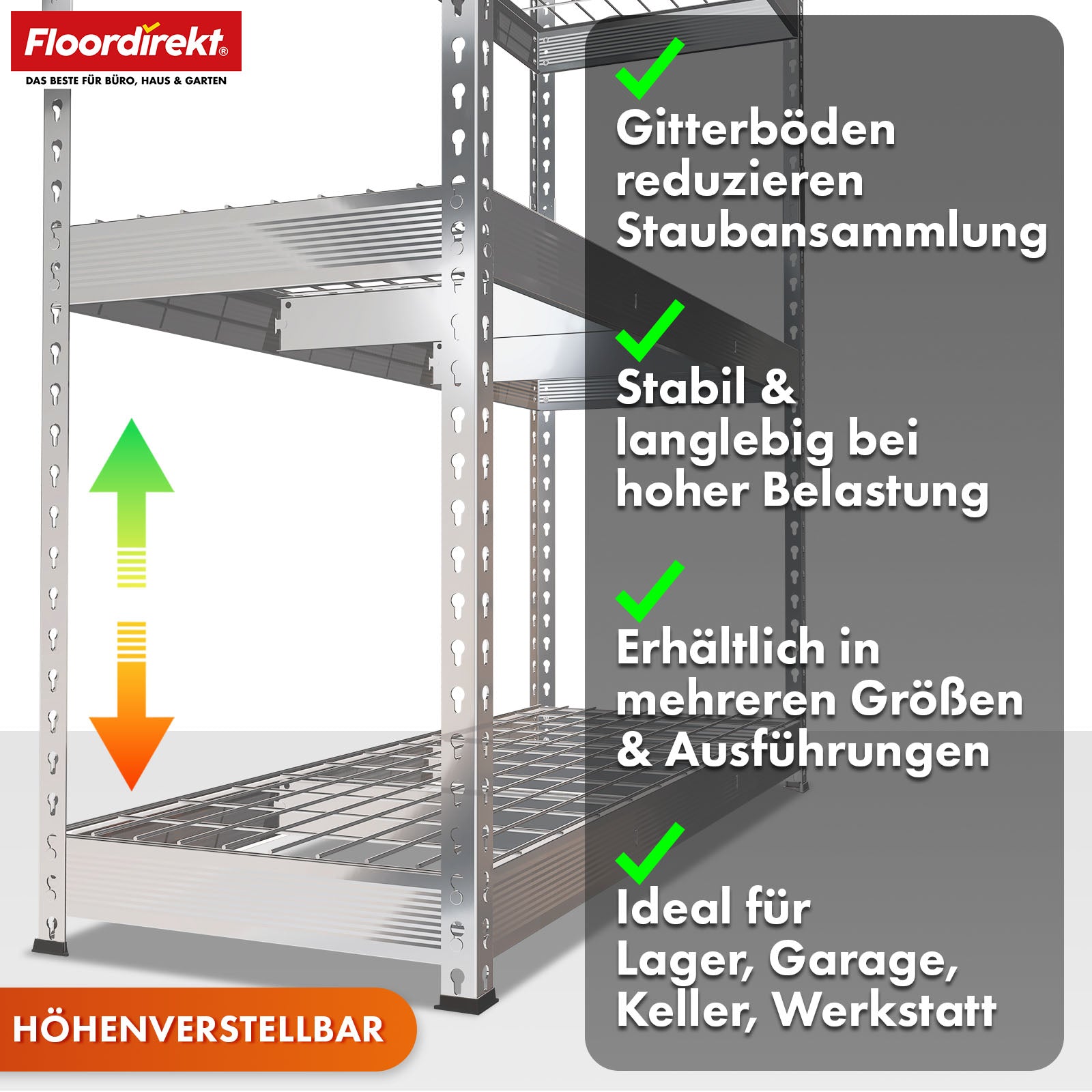 Heavy-duty shelving | Yukon Rivet | Steel shelving with mesh shelves | 250-350 kg load capacity per shelf | Various sizes & colours