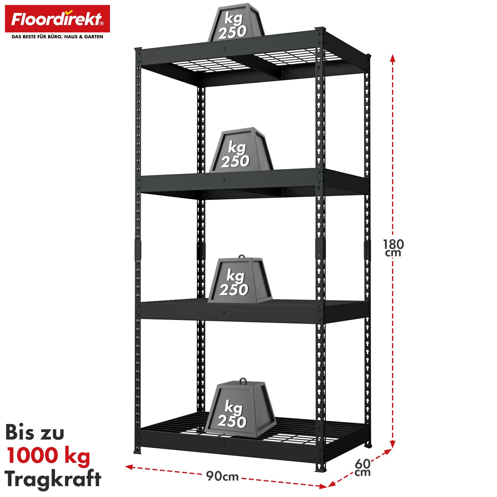 Heavy-duty shelving | Yukon Rivet | Steel shelving with mesh shelves | 250-350 kg load capacity per shelf | Various sizes & colours