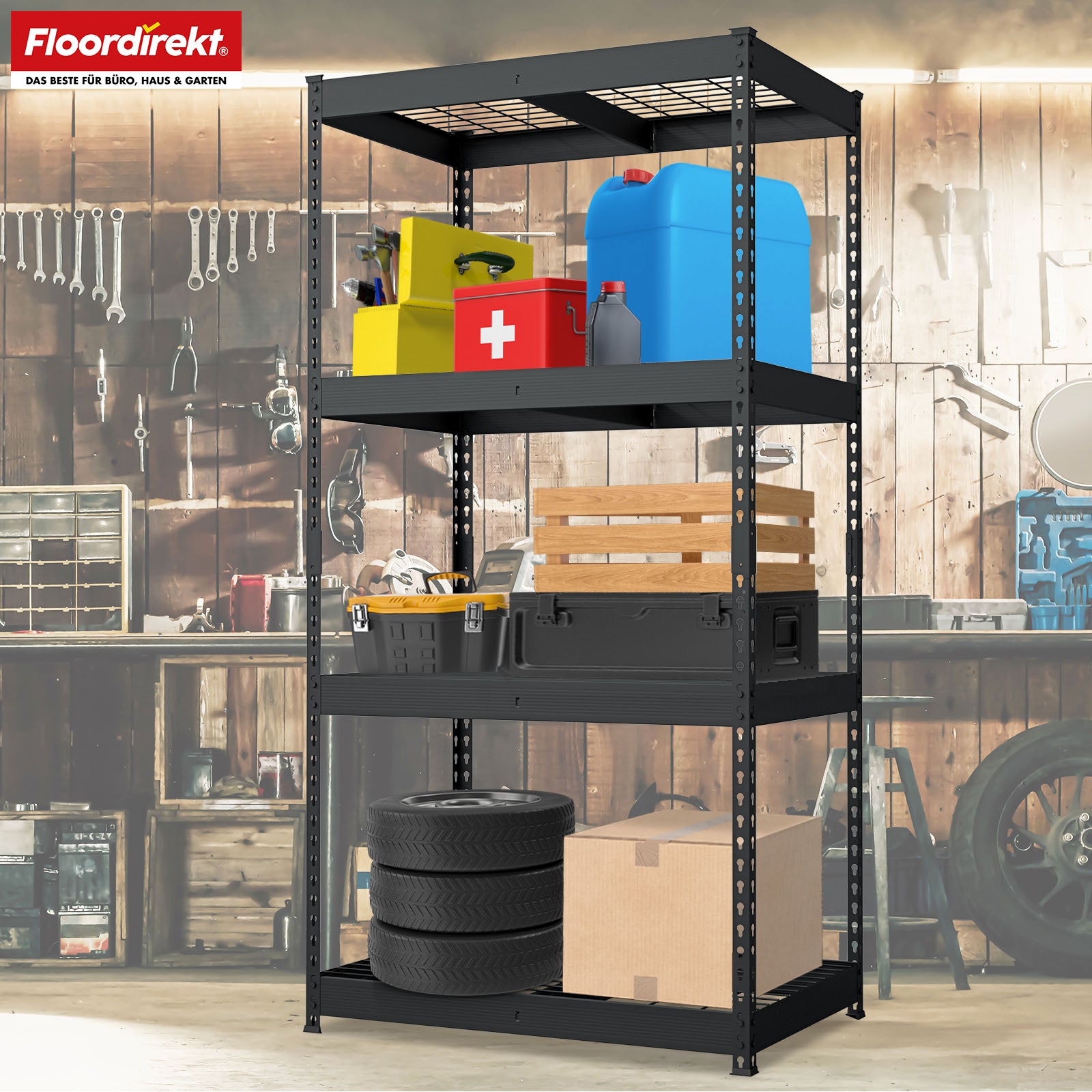 Heavy-duty shelving | Yukon Rivet | Steel shelving with mesh shelves | 250-350 kg load capacity per shelf | Various sizes & colours