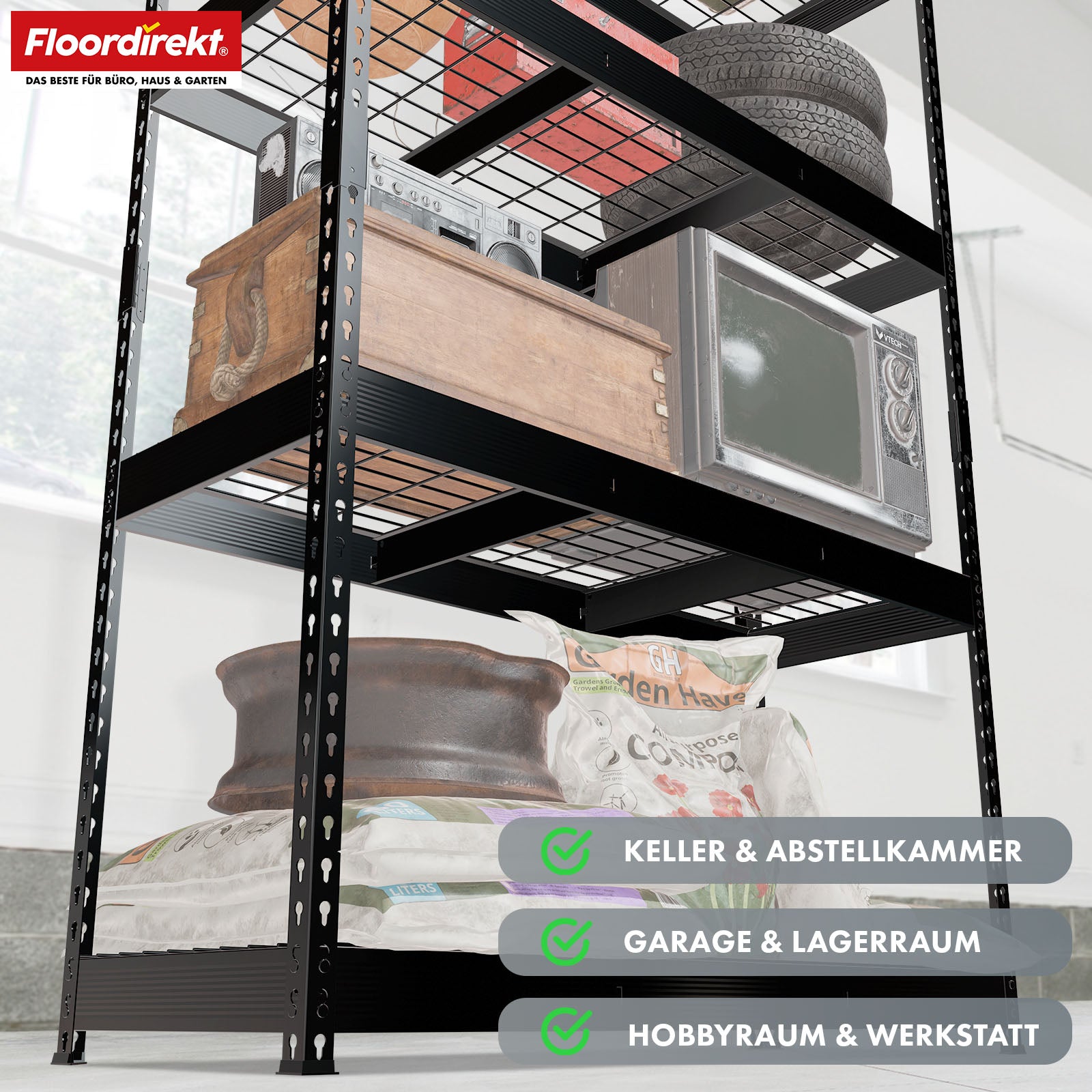 Heavy-duty shelving | Yukon Rivet | Steel shelving with mesh shelves | 250-350 kg load capacity per shelf | Various sizes & colours
