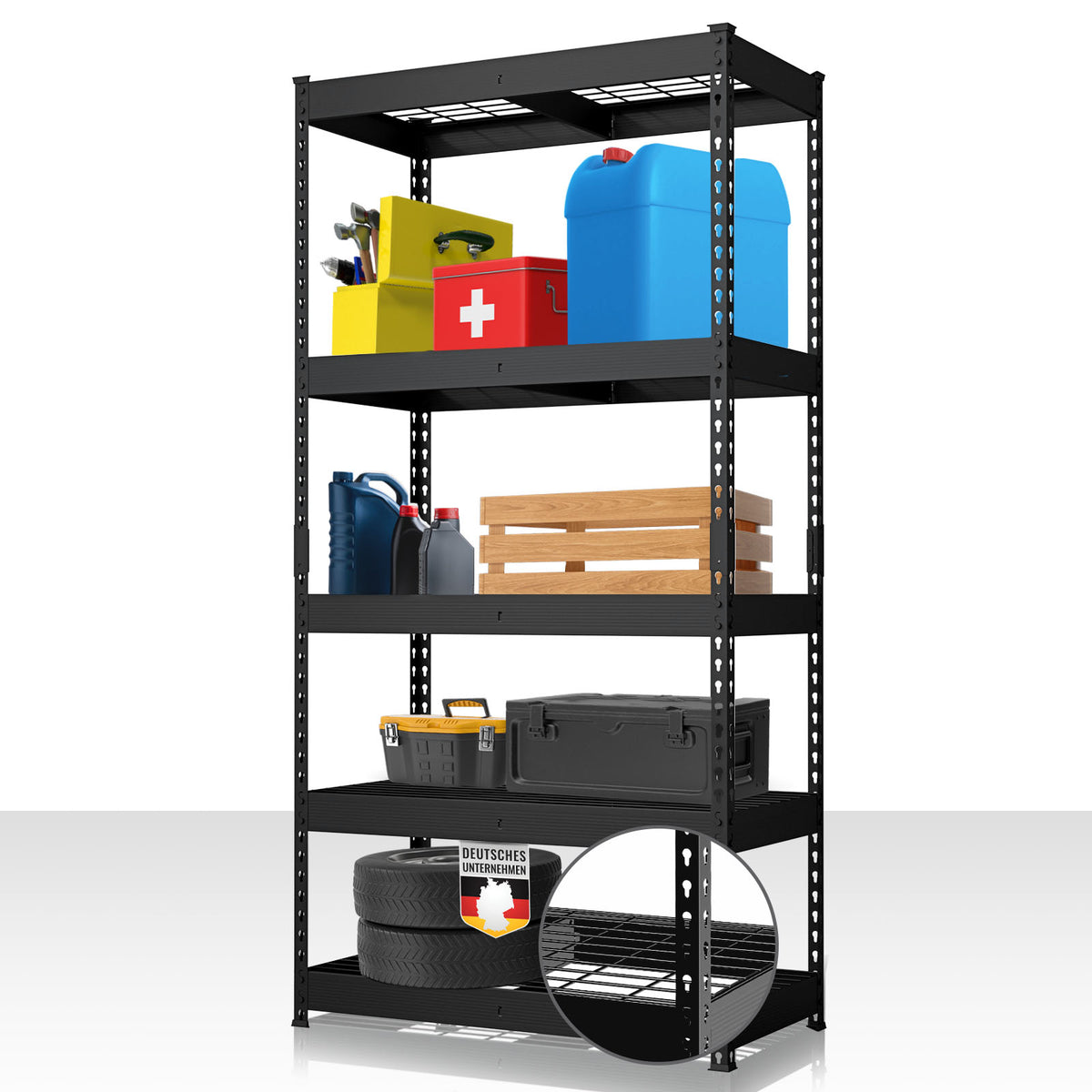 Heavy-duty shelving | Yukon Rivet | Steel shelving with mesh shelves | 250-350 kg load capacity per shelf | Various sizes & colours