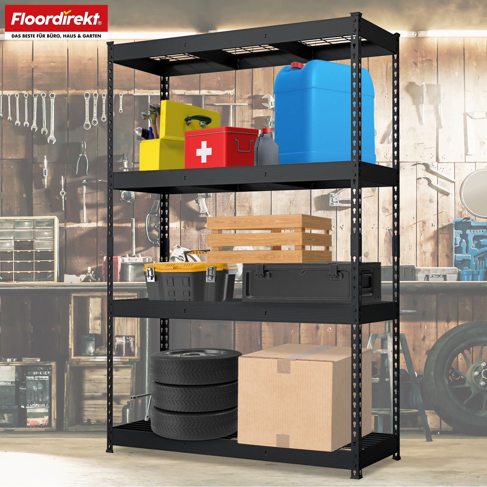 Heavy-duty shelving | Yukon Rivet | Steel shelving with mesh shelves | 250-350 kg load capacity per shelf | Various sizes & colours