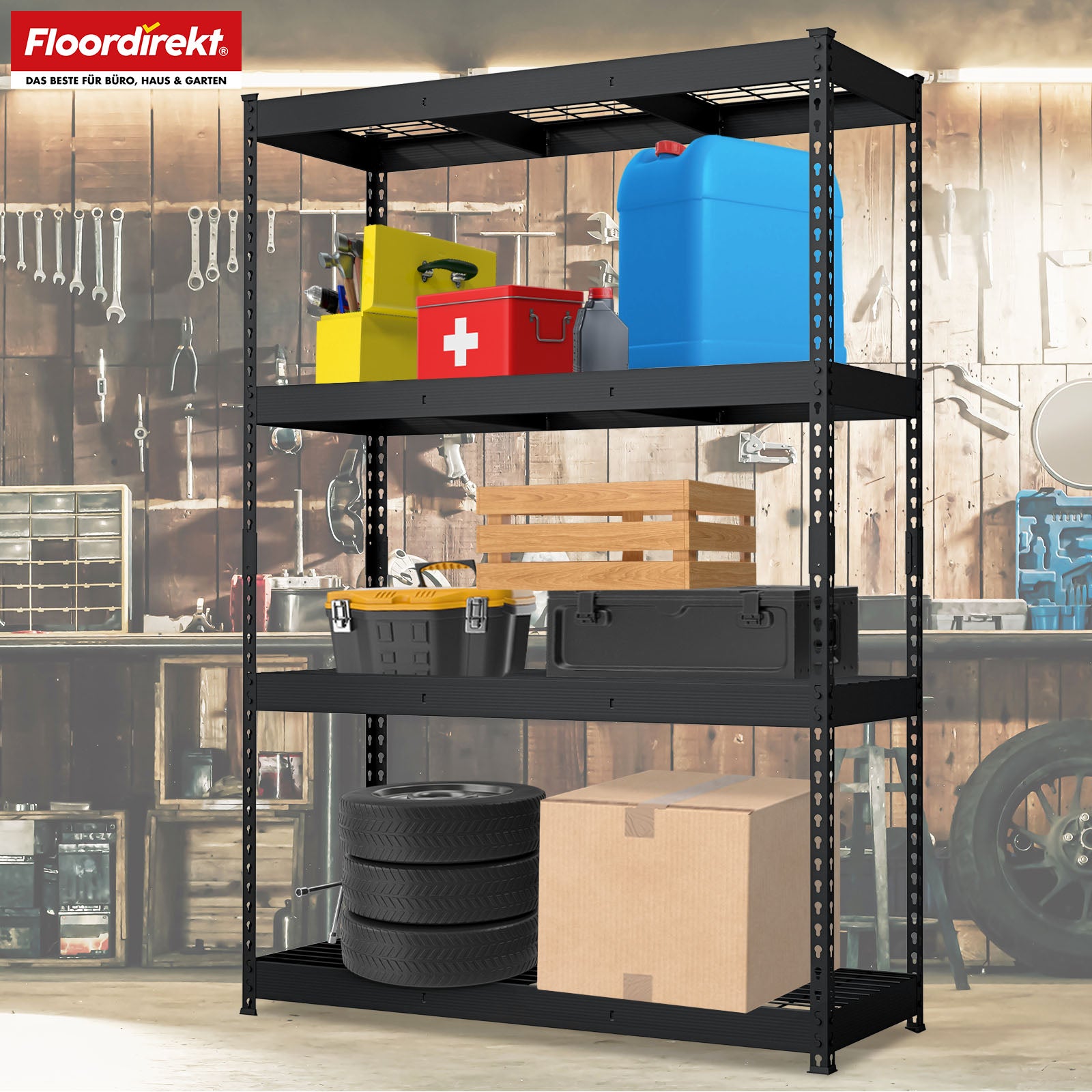 Heavy-duty shelving | Yukon Rivet | Steel shelving with mesh shelves | 250-350 kg load capacity per shelf | Various sizes & colours