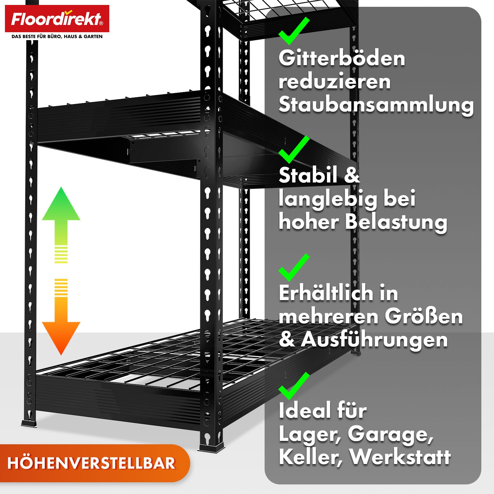 Heavy-duty shelving | Yukon Rivet | Steel shelving with mesh shelves | 250-350 kg load capacity per shelf | Various sizes & colours