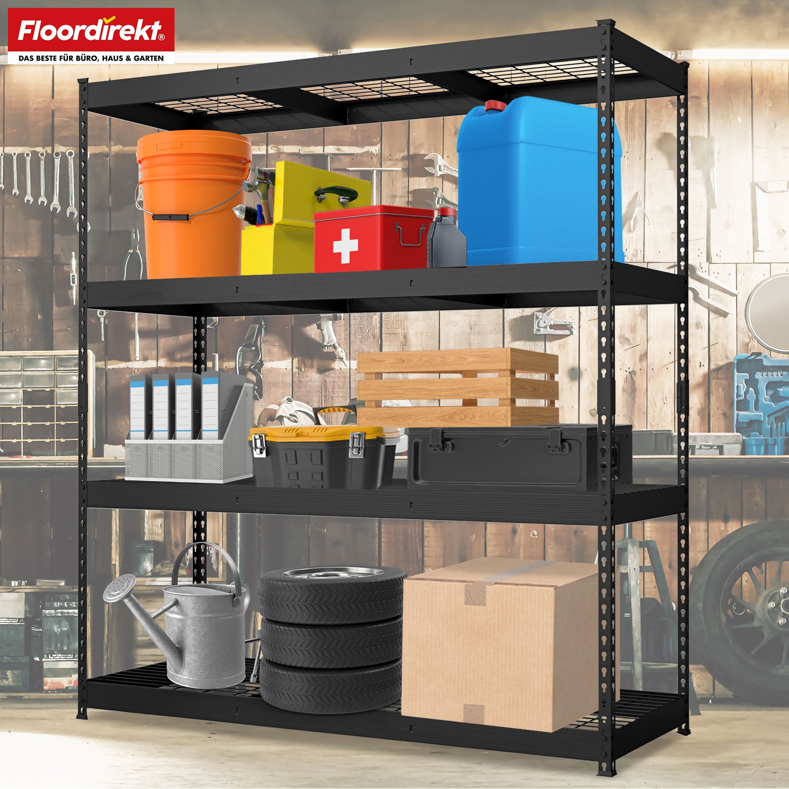 Heavy-duty shelving | Yukon Rivet | Steel shelving with mesh shelves | 250-350 kg load capacity per shelf | Various sizes & colours