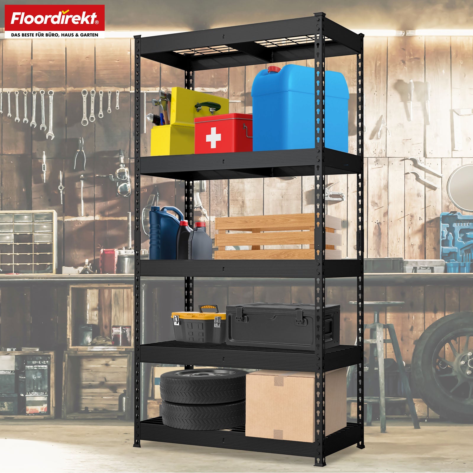 Heavy-duty shelving | Yukon Rivet | Steel shelving with mesh shelves | 250-350 kg load capacity per shelf | Various sizes & colours