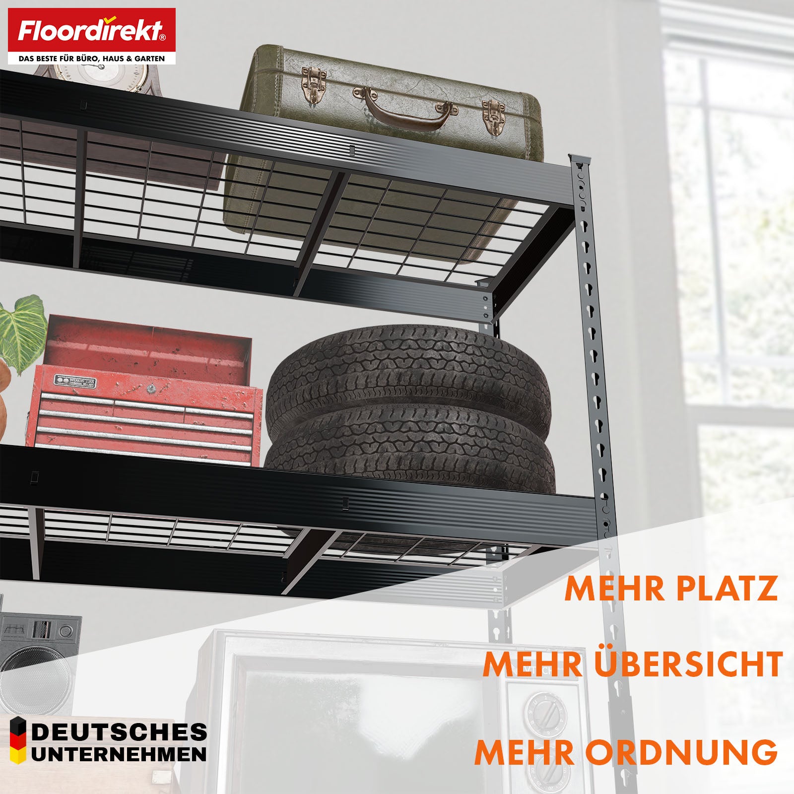 Heavy-duty shelving | Yukon Rivet | Steel shelving with mesh shelves | 250-350 kg load capacity per shelf | Various sizes & colours