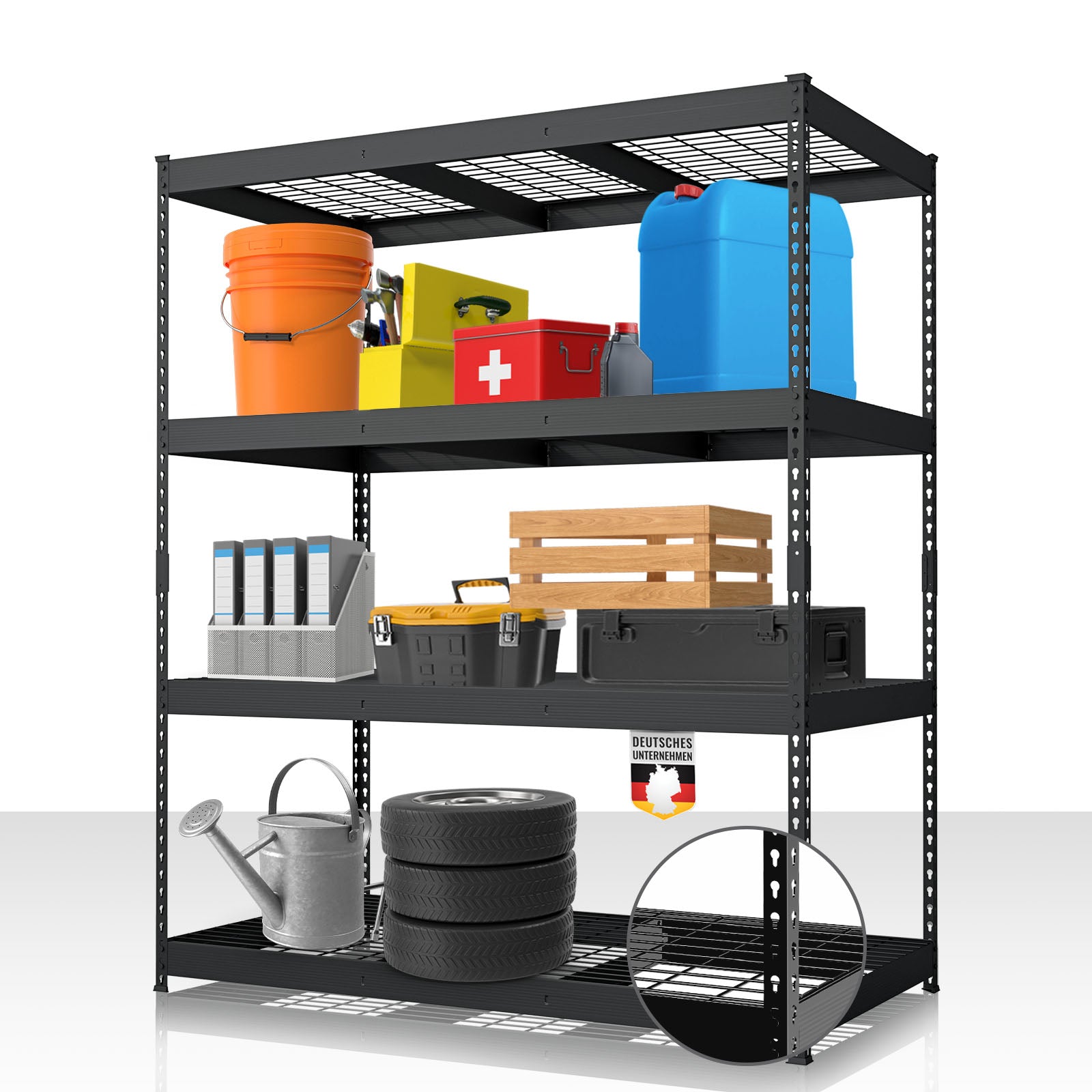 Heavy-duty shelving | Yukon Rivet | Steel shelving with mesh shelves | 250-350 kg load capacity per shelf | Various sizes & colours