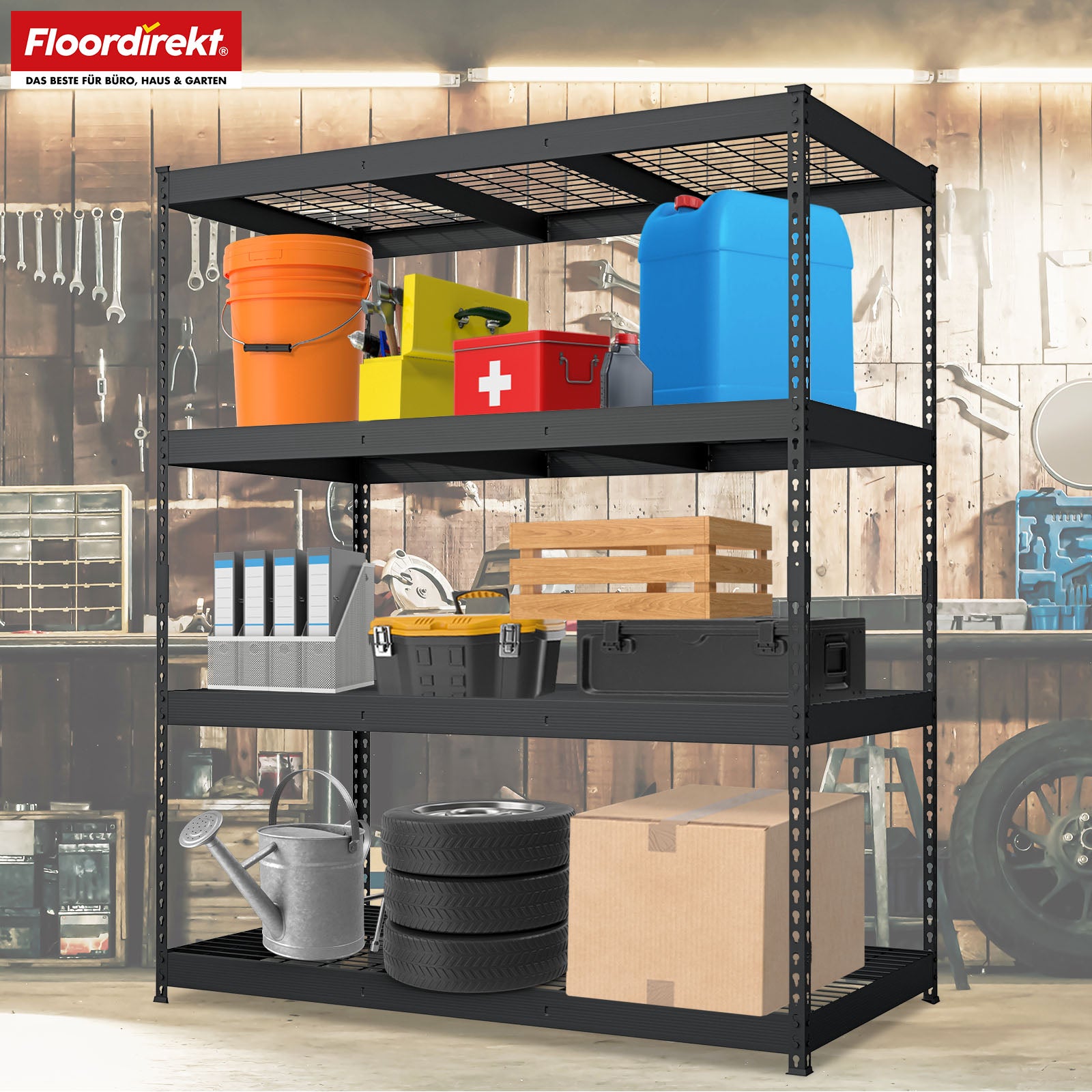 Heavy-duty shelving | Yukon Rivet | Steel shelving with mesh shelves | 250-350 kg load capacity per shelf | Various sizes & colours