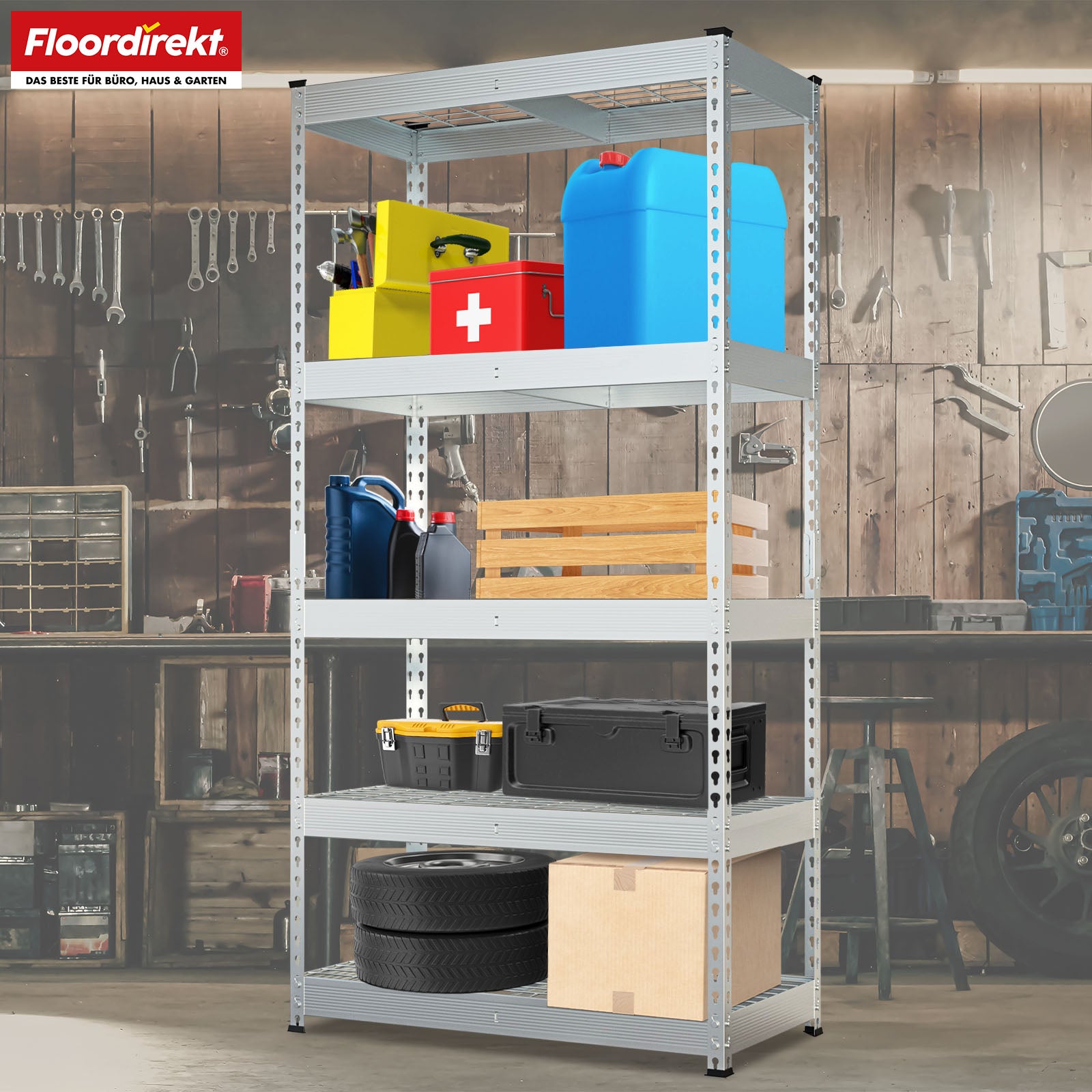 Heavy-duty shelving | Yukon Rivet | Steel shelving with mesh shelves | 250-350 kg load capacity per shelf | Various sizes & colours
