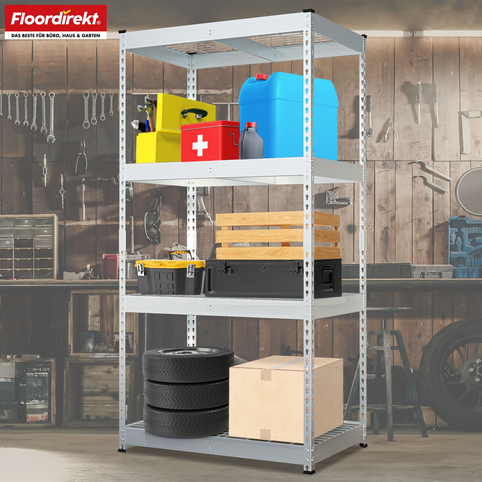 Heavy-duty shelving | Yukon Rivet | Steel shelving with mesh shelves | 250-350 kg load capacity per shelf | Various sizes & colours