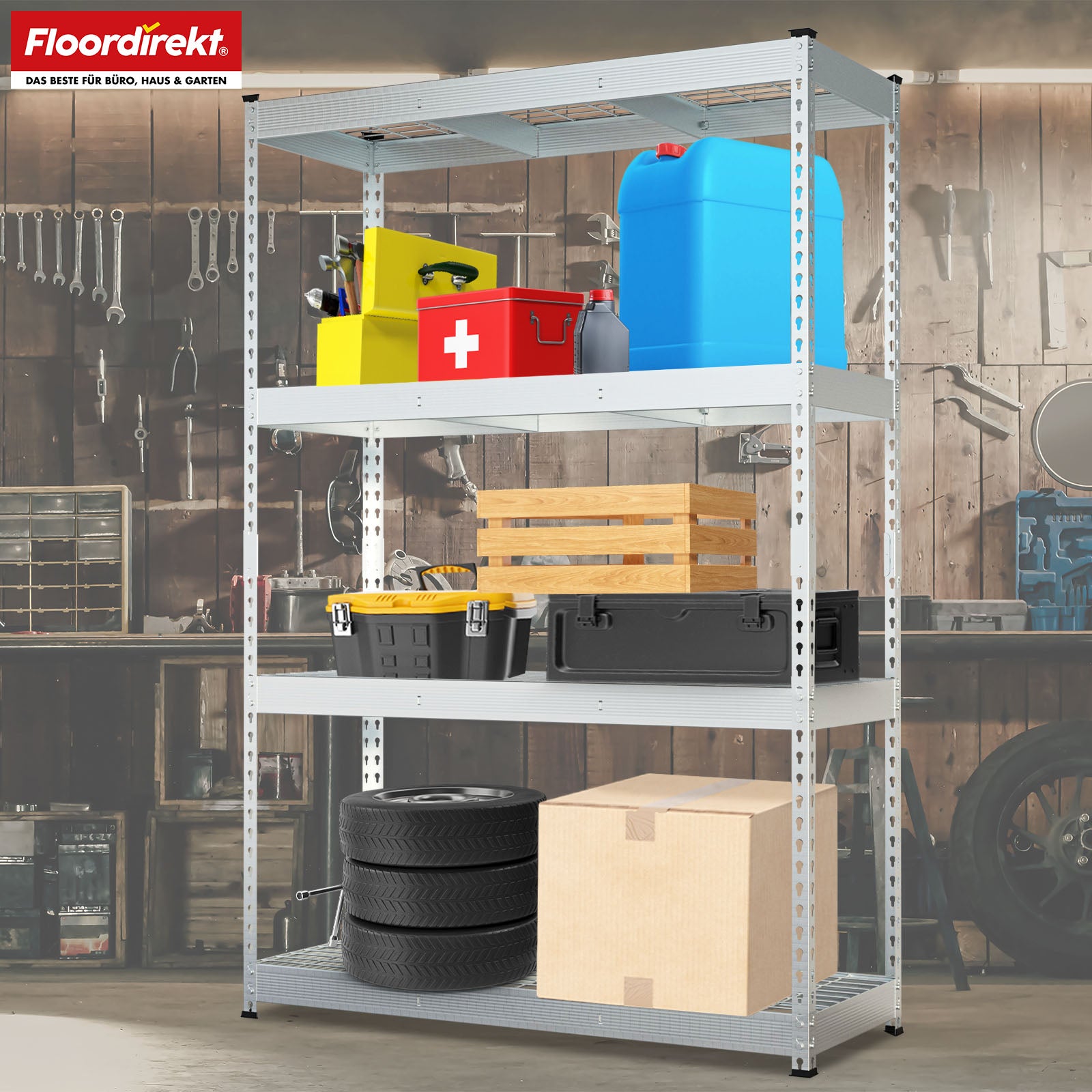 Heavy-duty shelving | Yukon Rivet | Steel shelving with mesh shelves | 250-350 kg load capacity per shelf | Various sizes & colours
