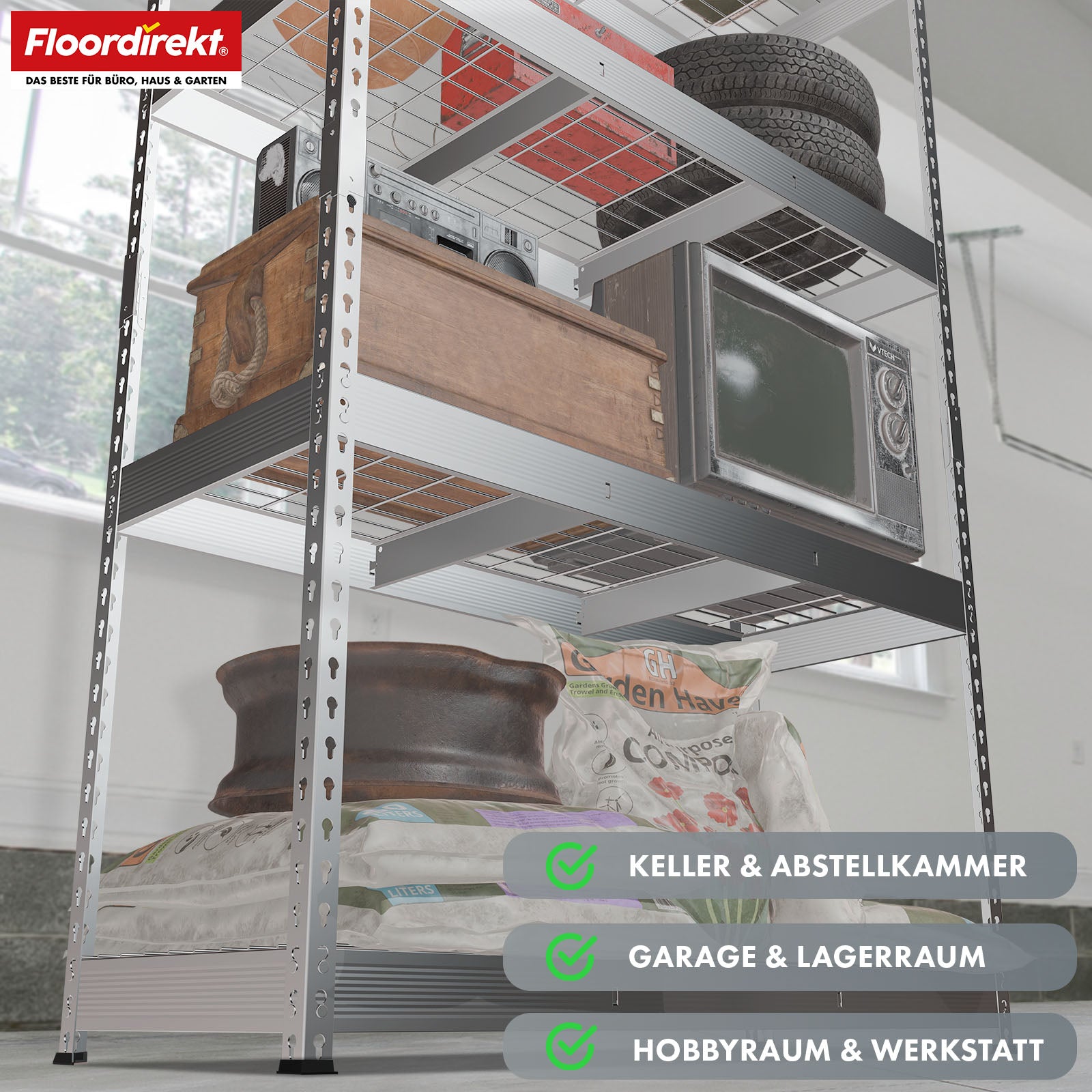 Heavy-duty shelving | Yukon Rivet | Steel shelving with mesh shelves | 250-350 kg load capacity per shelf | Various sizes & colours