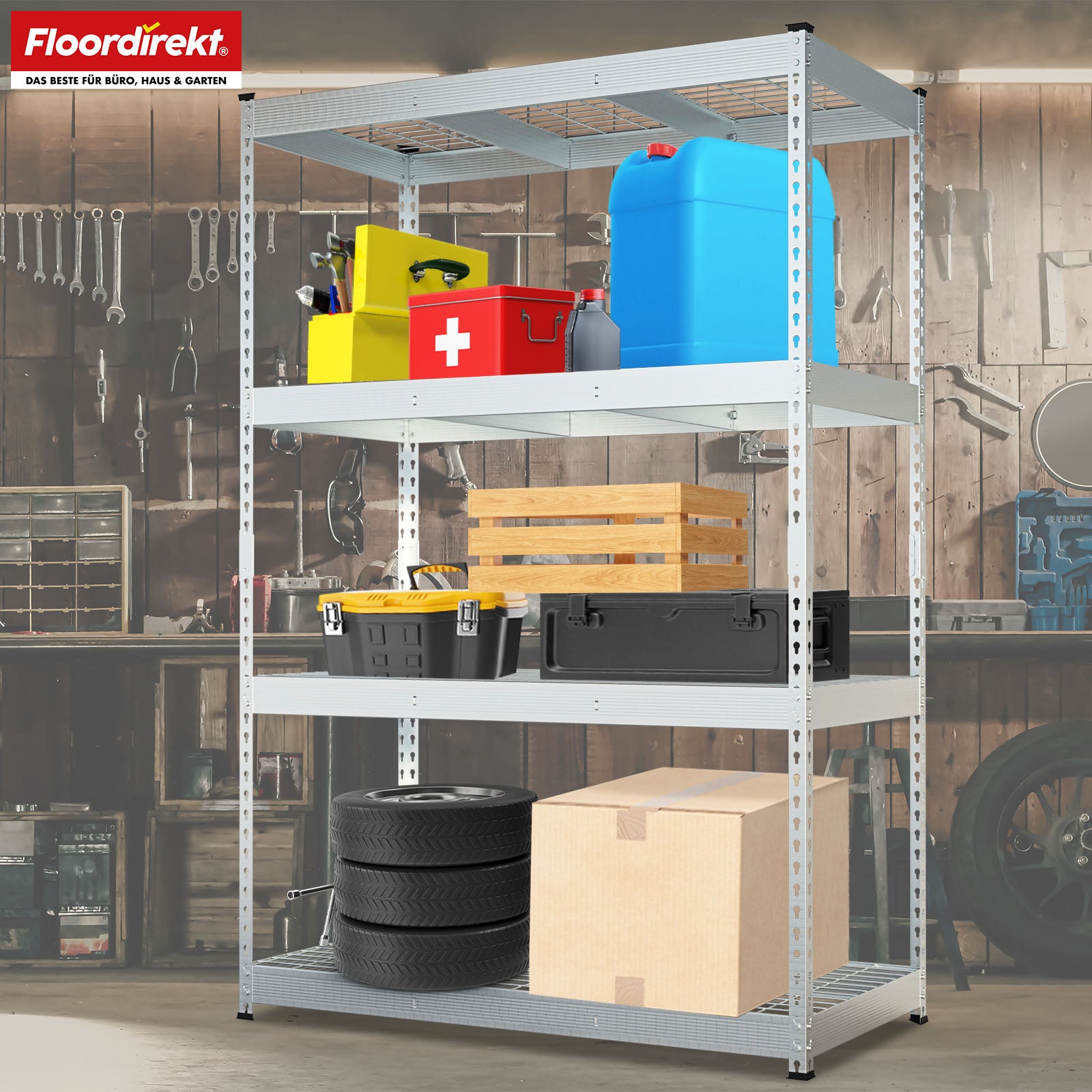 Heavy-duty shelving | Yukon Rivet | Steel shelving with mesh shelves | 250-350 kg load capacity per shelf | Various sizes & colours