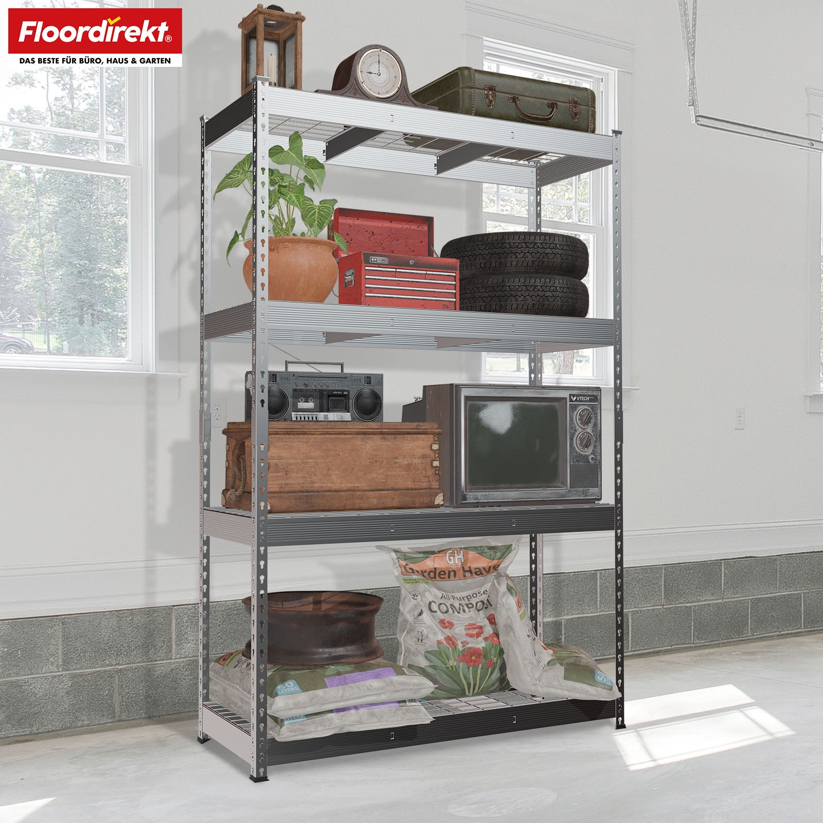 Heavy-duty shelving | Yukon Rivet | Steel shelving with mesh shelves | 250-350 kg load capacity per shelf | Various sizes & colours