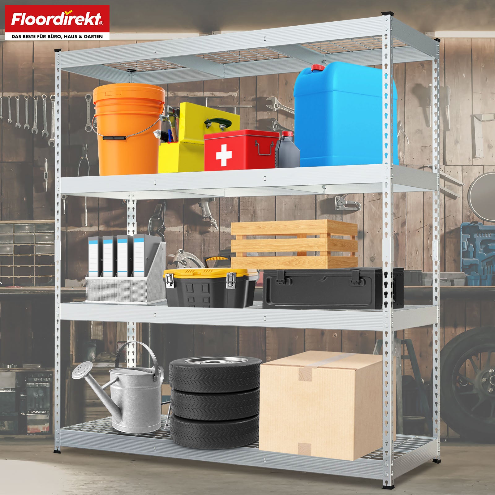 Heavy-duty shelving | Yukon Rivet | Steel shelving with mesh shelves | 250-350 kg load capacity per shelf | Various sizes & colours