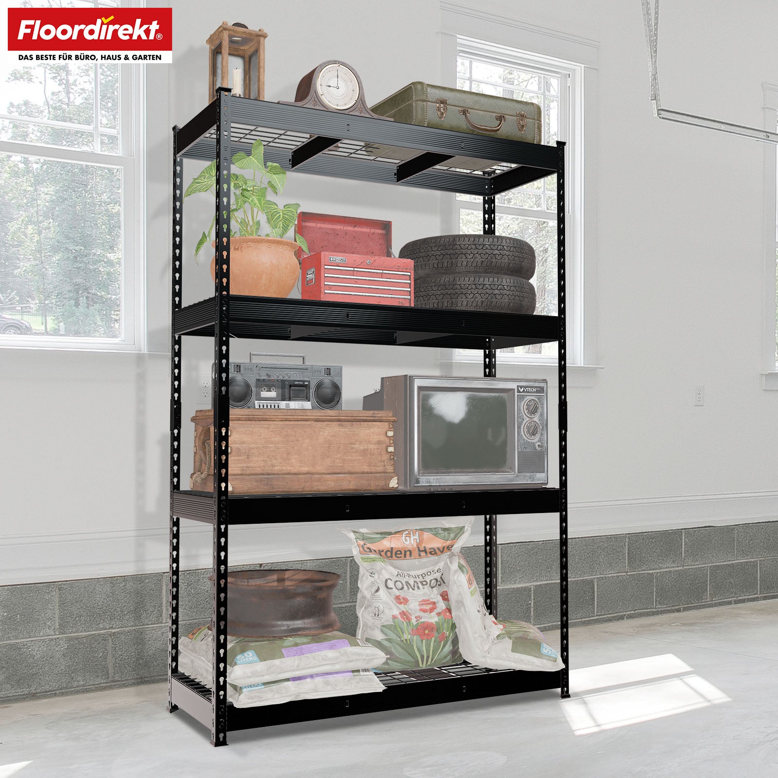 Heavy-duty shelving | Yukon Rivet | Steel shelving with mesh shelves | 250-350 kg load capacity per shelf | Various sizes & colours
