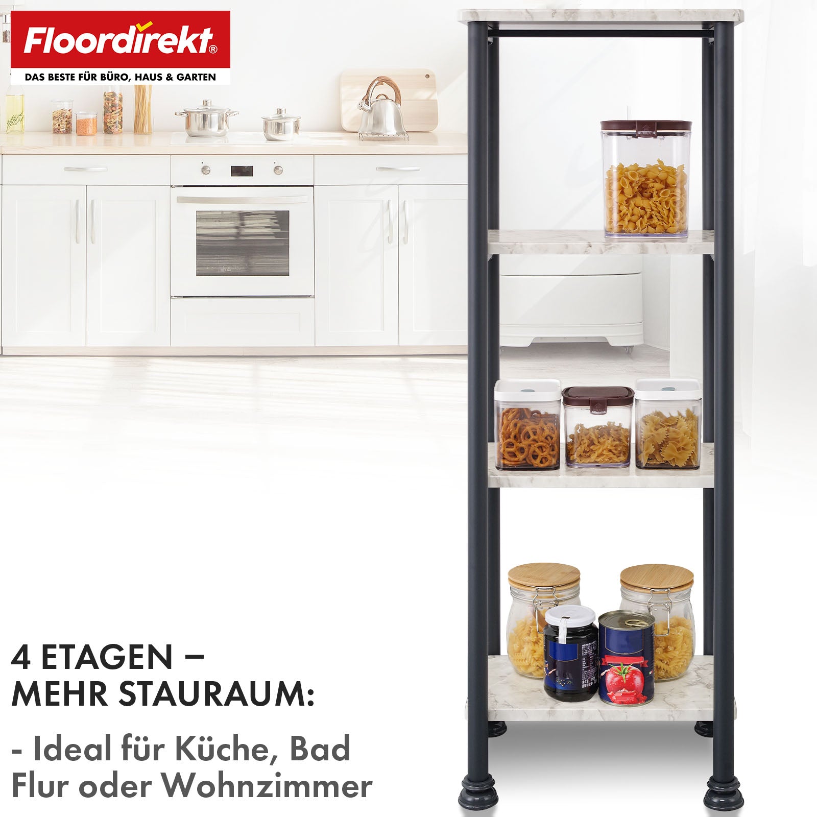 Floor-standing shelf | Charles | Modern shelf in marble look with sturdy steel construction | Available with 3 or 4 shelves