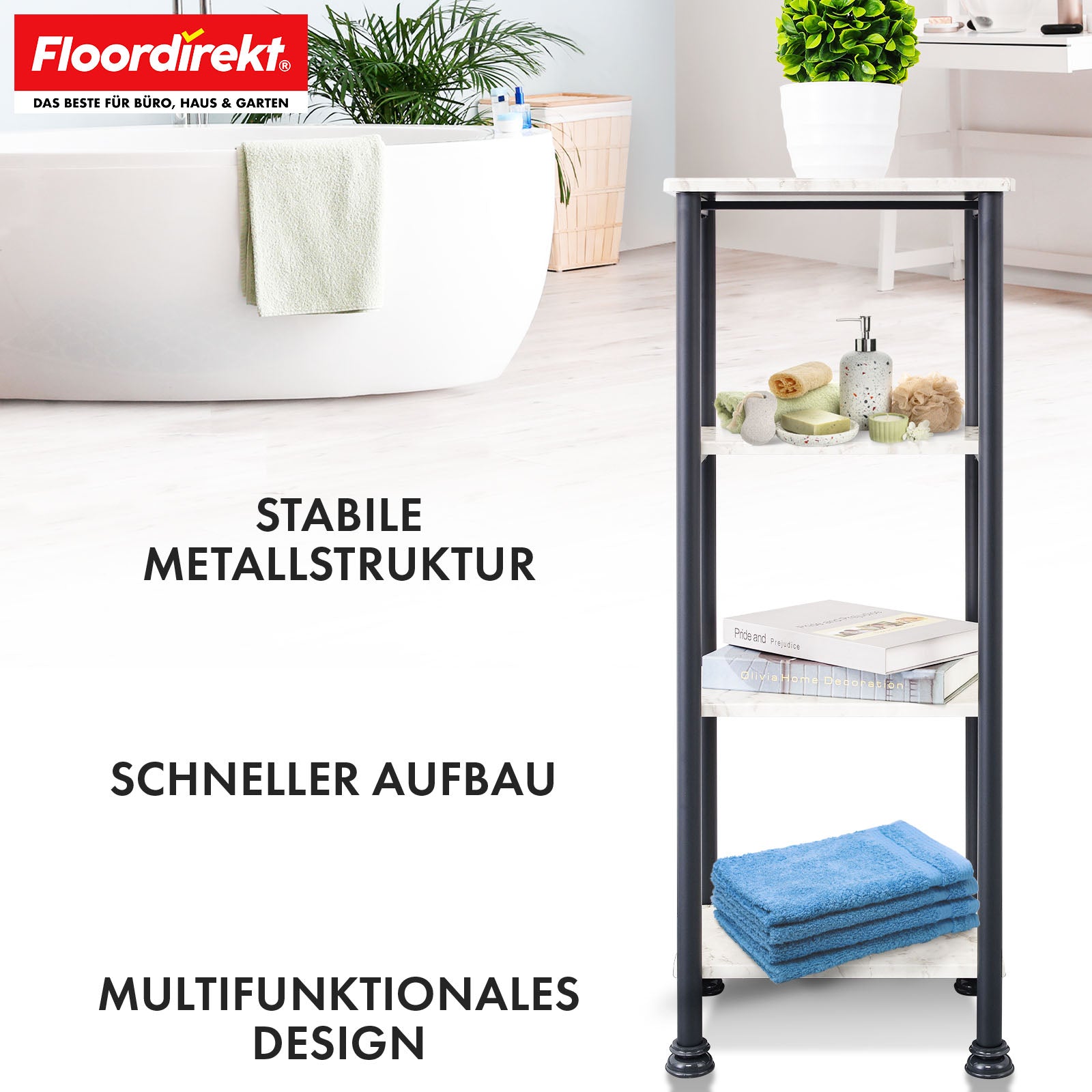 Floor-standing shelf | Charles | Modern shelf in marble look with sturdy steel construction | Available with 3 or 4 shelves