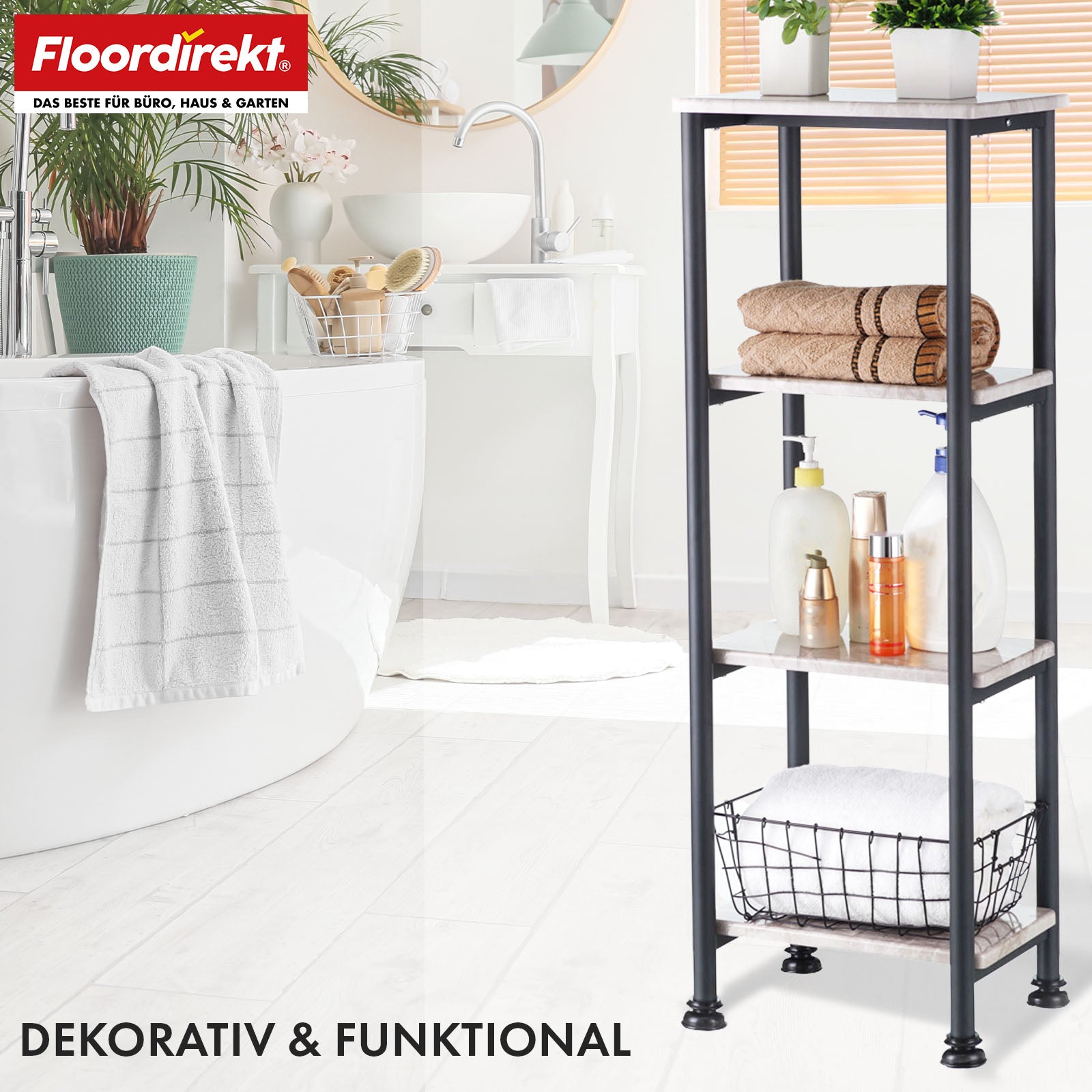 Floor-standing shelf | Charles | Modern shelf in marble look with sturdy steel construction | Available with 3 or 4 shelves