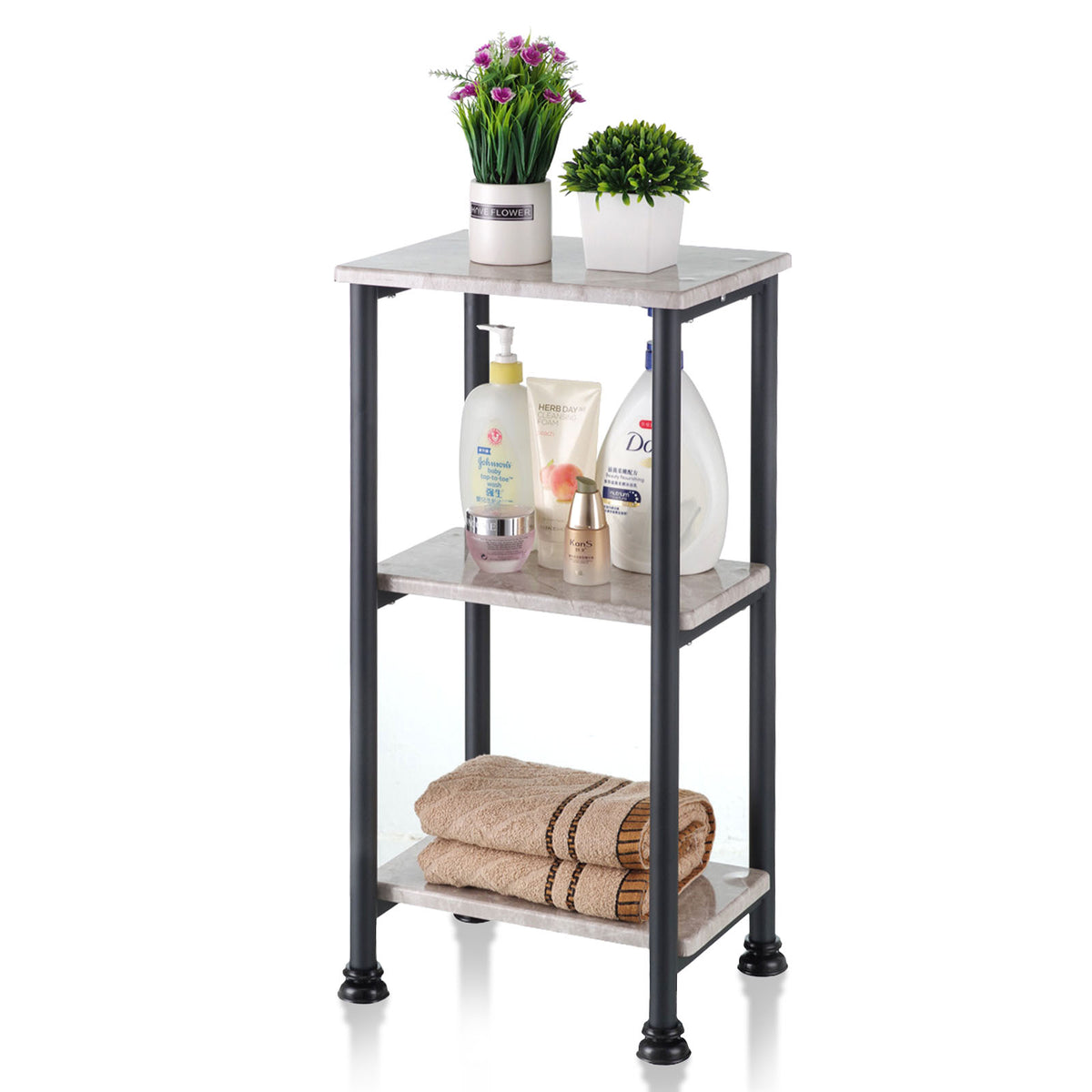 Floor-standing shelf | Charles | Modern shelf in marble look with sturdy steel construction | Available with 3 or 4 shelves