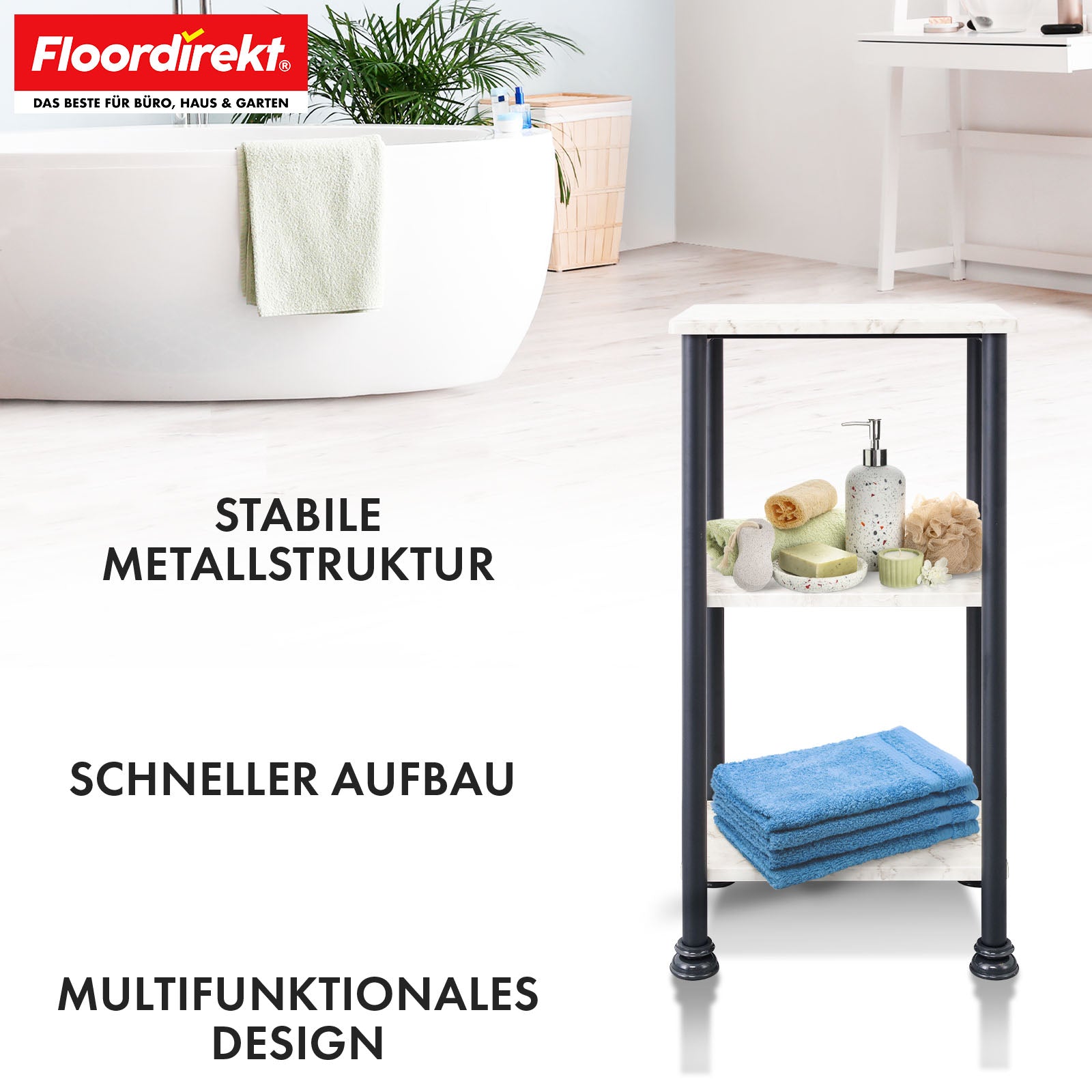 Floor-standing shelf | Charles | Modern shelf in marble look with sturdy steel construction | Available with 3 or 4 shelves
