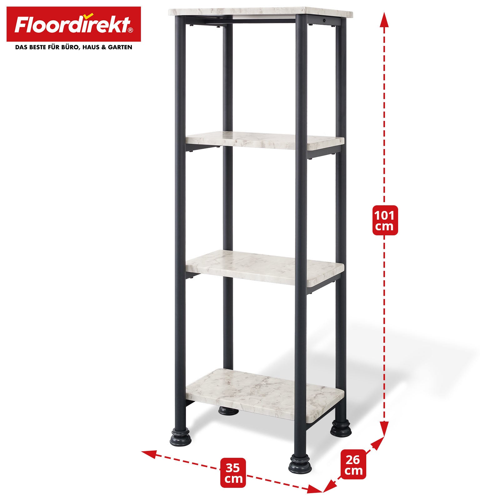 Floor-standing shelf | Charles | Modern shelf in marble look with sturdy steel construction | Available with 3 or 4 shelves
