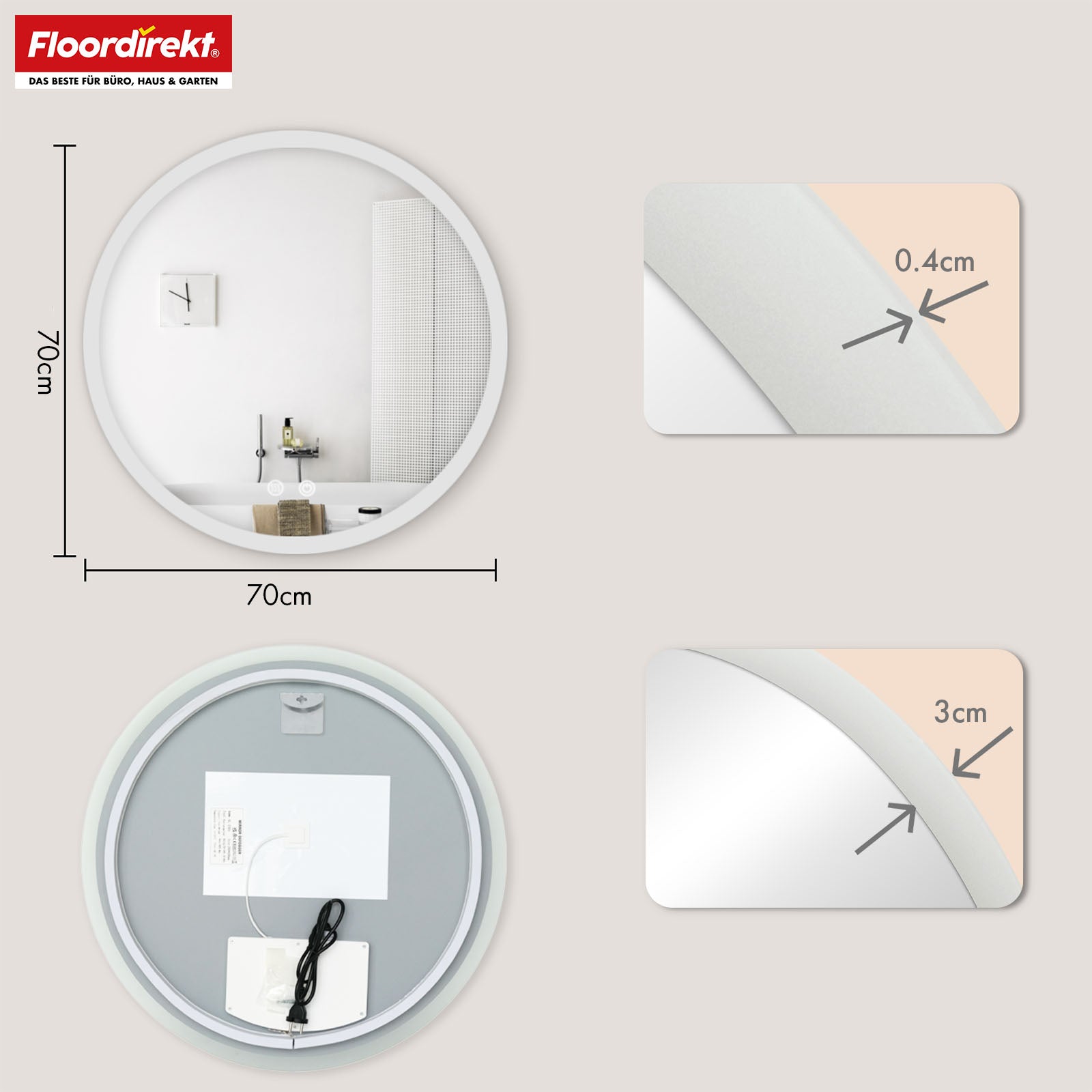 Bathroom mirror with LED lighting | Liora | Touch control with anti-fog function & 3 selectable light colours | Available in various sizes
