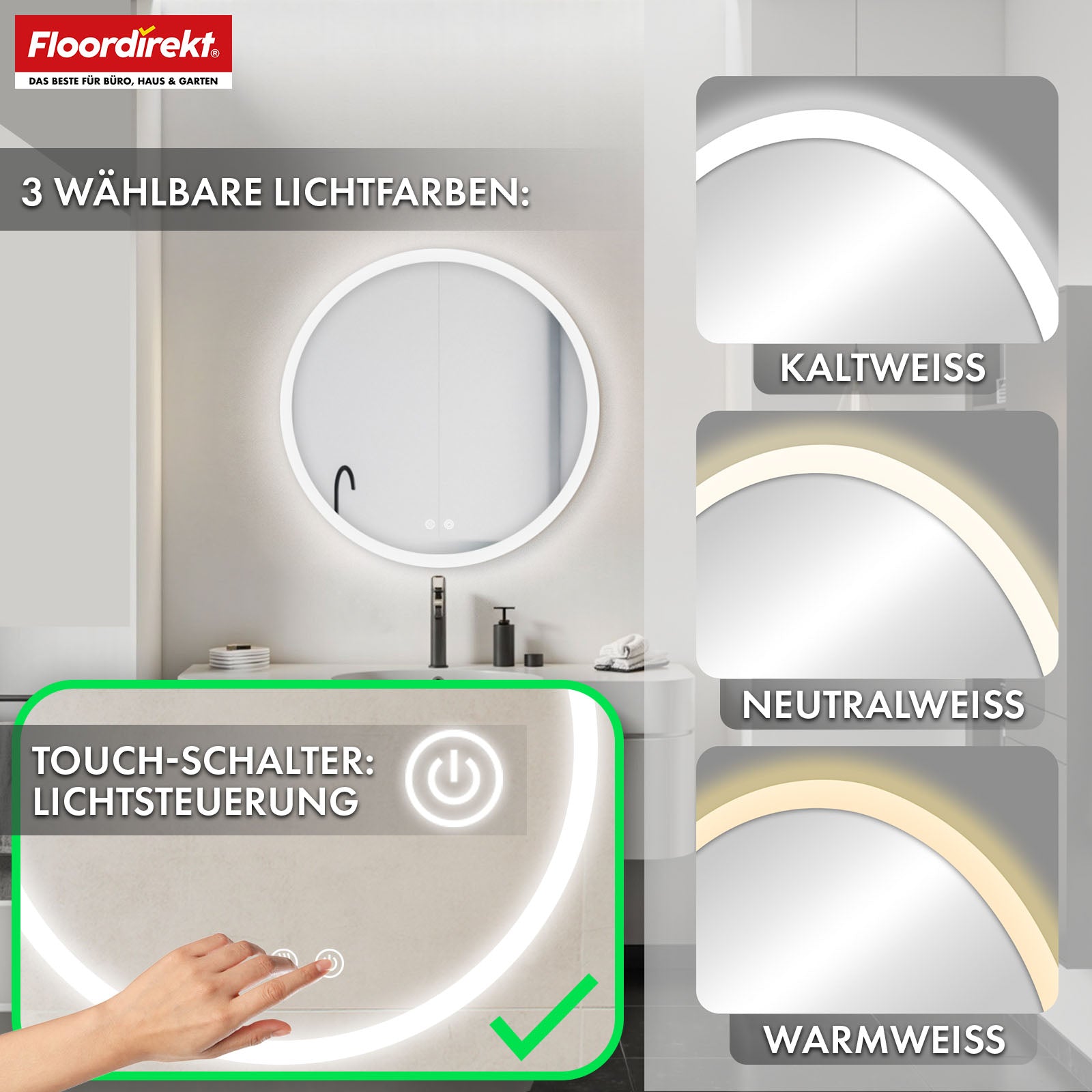Bathroom mirror with LED lighting | Liora | Touch control with anti-fog function & 3 selectable light colours | Available in various sizes