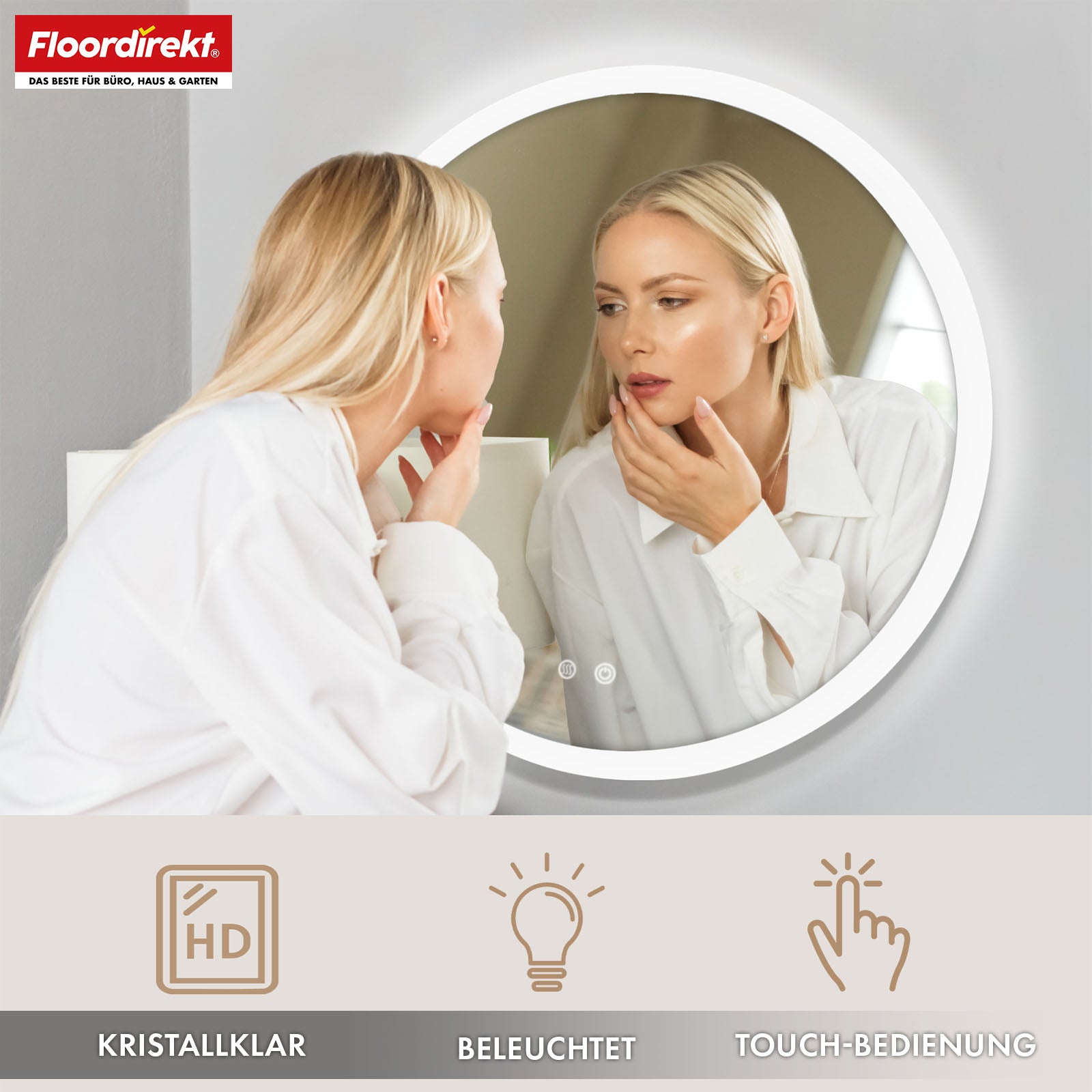 Bathroom mirror with LED lighting | Liora | Touch control with anti-fog function & 3 selectable light colours | Available in various sizes