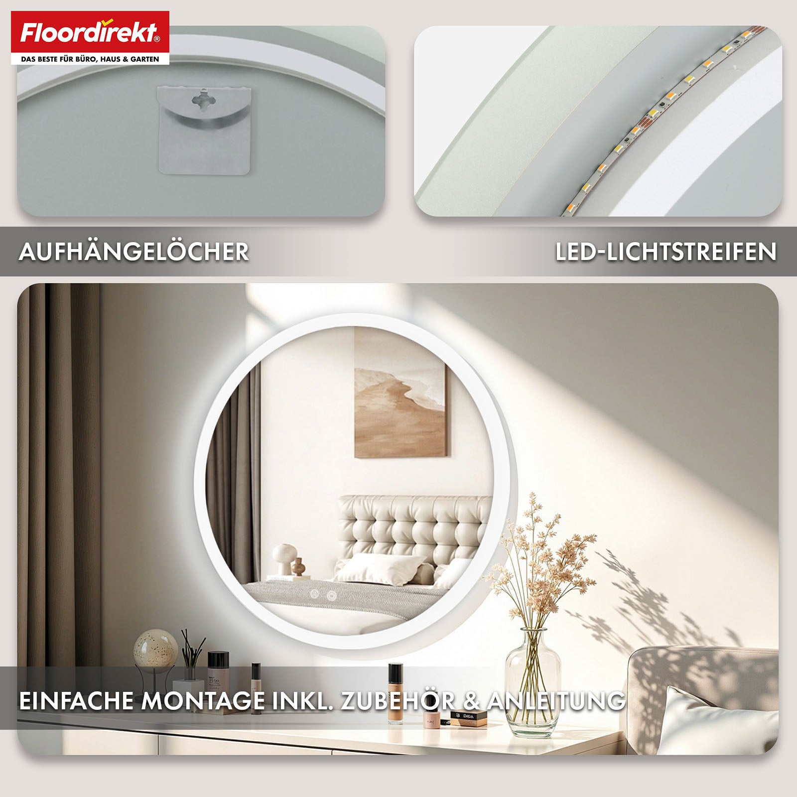 Bathroom mirror with LED lighting | Liora | Touch control with anti-fog function & 3 selectable light colours | Available in various sizes
