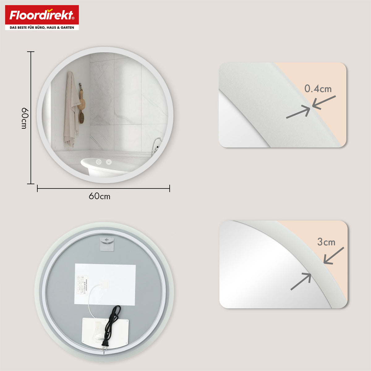 Bathroom mirror with LED lighting | Liora | Touch control with anti-fog function & 3 selectable light colours | Available in various sizes