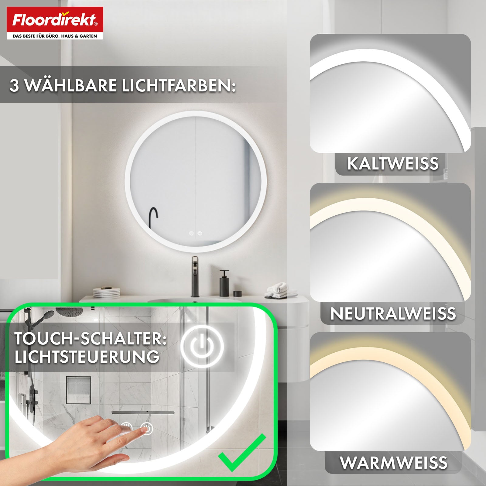Bathroom mirror with LED lighting | Liora | Touch control with anti-fog function & 3 selectable light colours | Available in various sizes